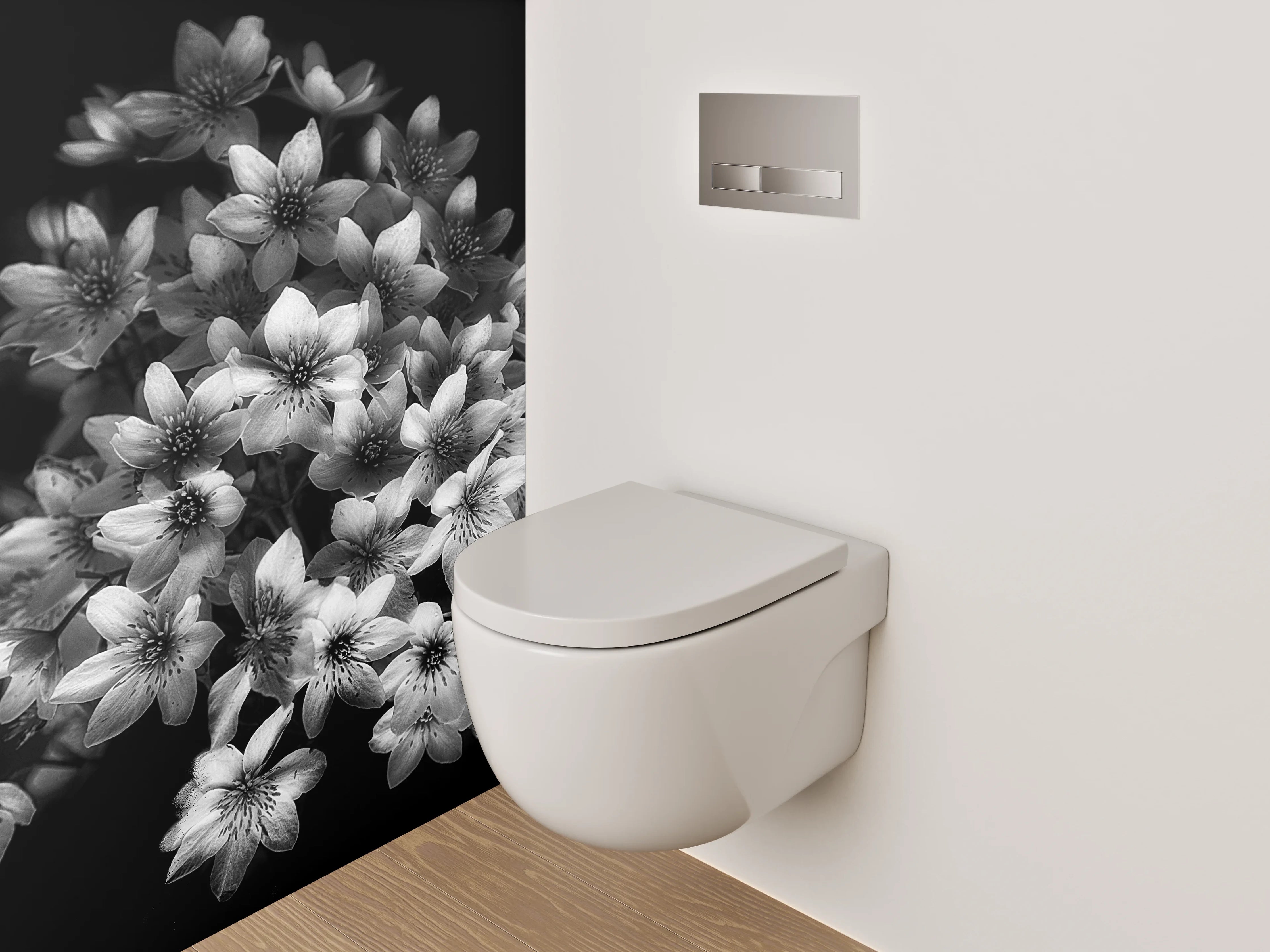 WC-Rückwand - Schwarz-weiße Blumen in eleganter Komposition