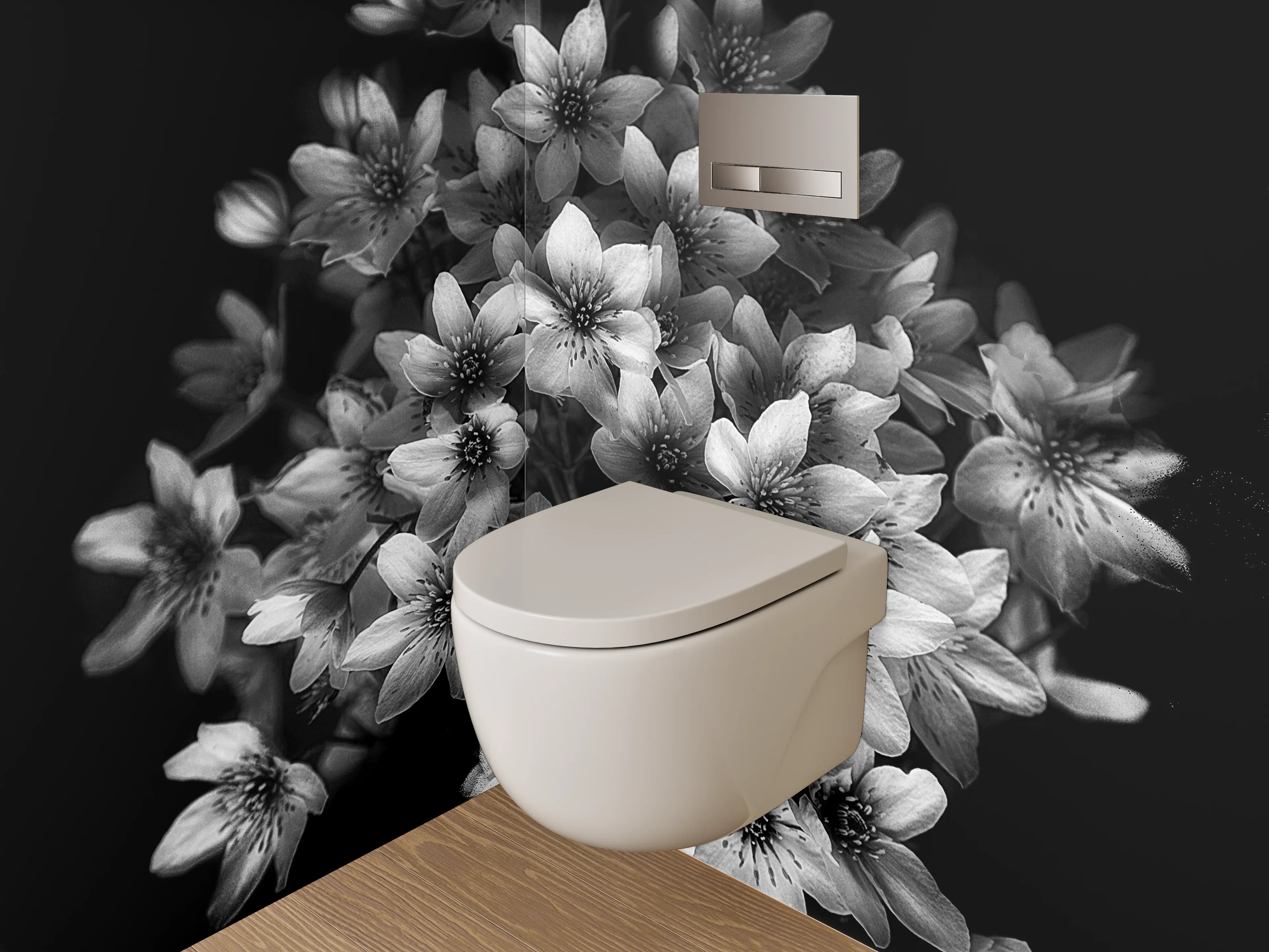 WC-Rückwand - Schwarz-weiße Blumen in eleganter Komposition