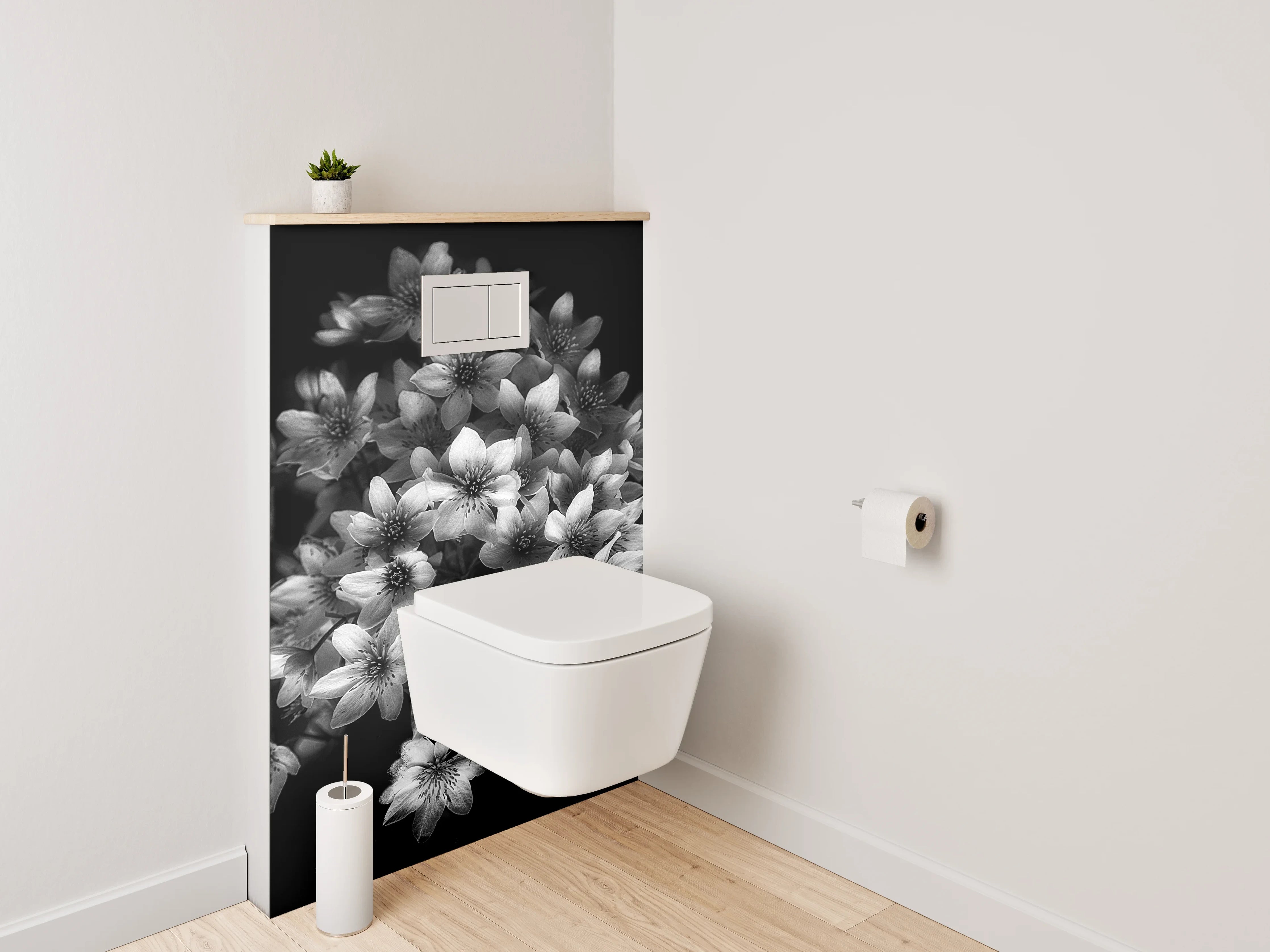 WC-Rückwand - Schwarz-weiße Blumen in eleganter Komposition