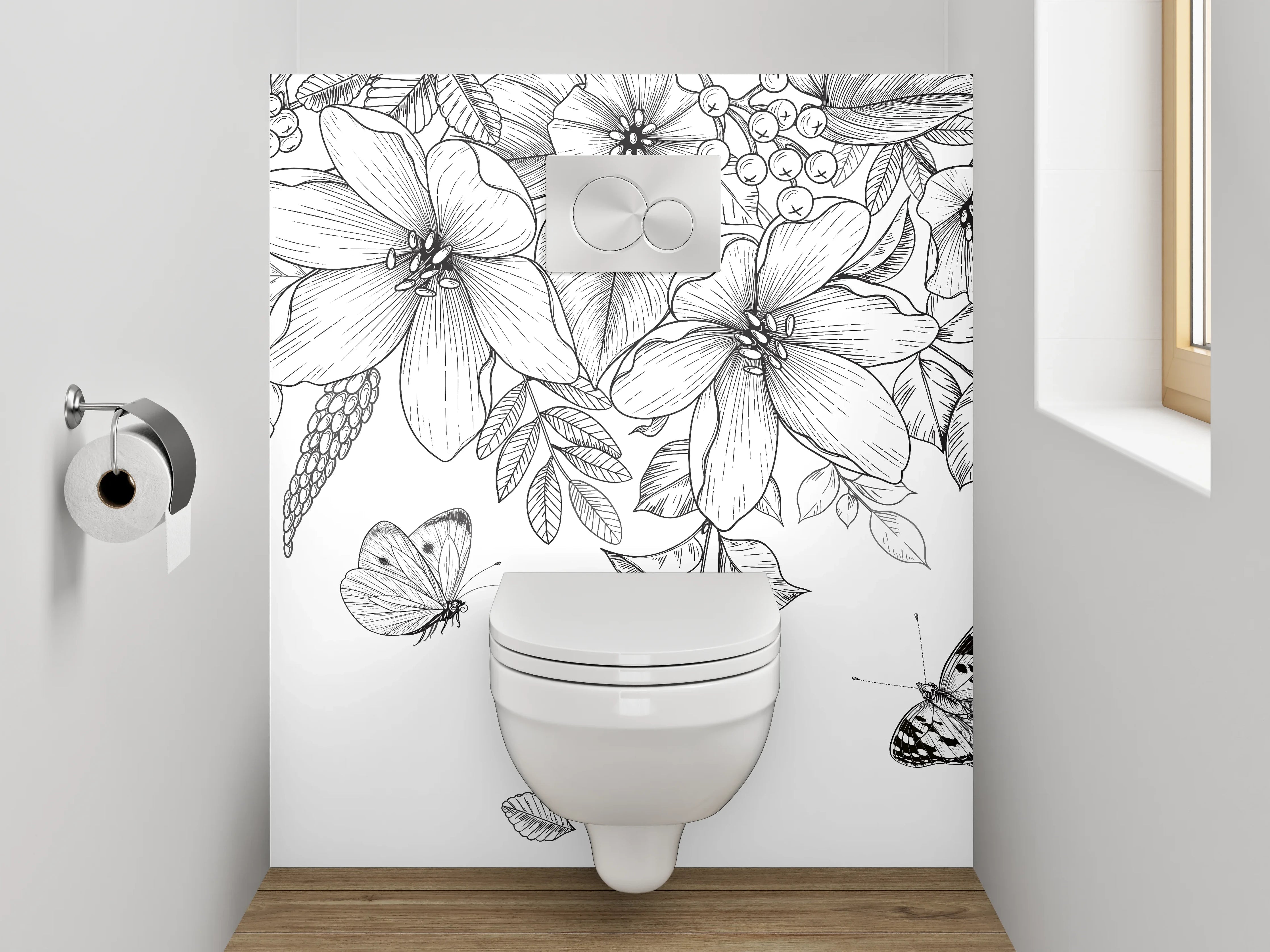 WC-Rückwand - Schwarz-weiße Blumen und Schmetterlinge Zeichnung