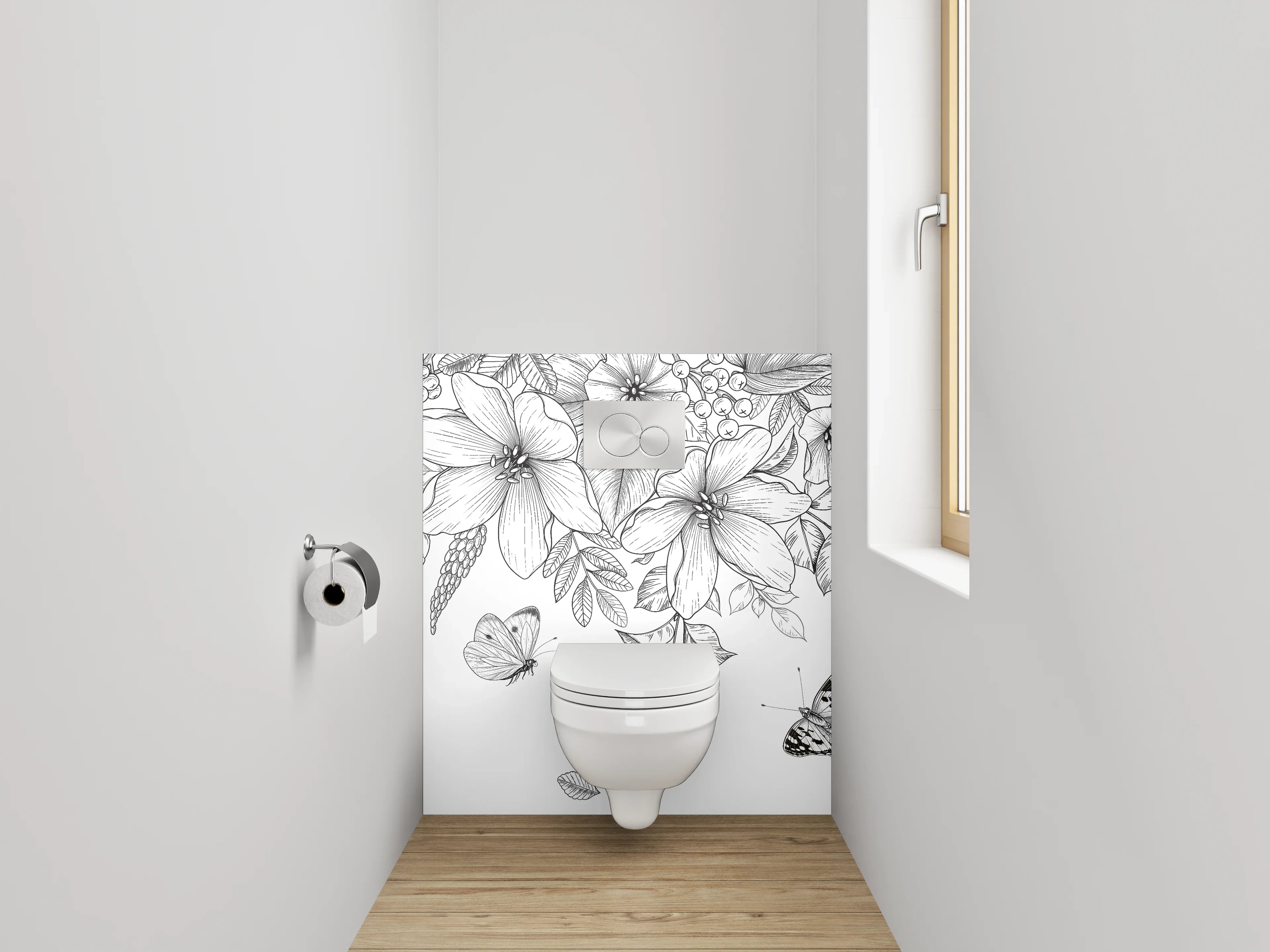 WC-Rückwand - Schwarz-weiße Blumen und Schmetterlinge Zeichnung