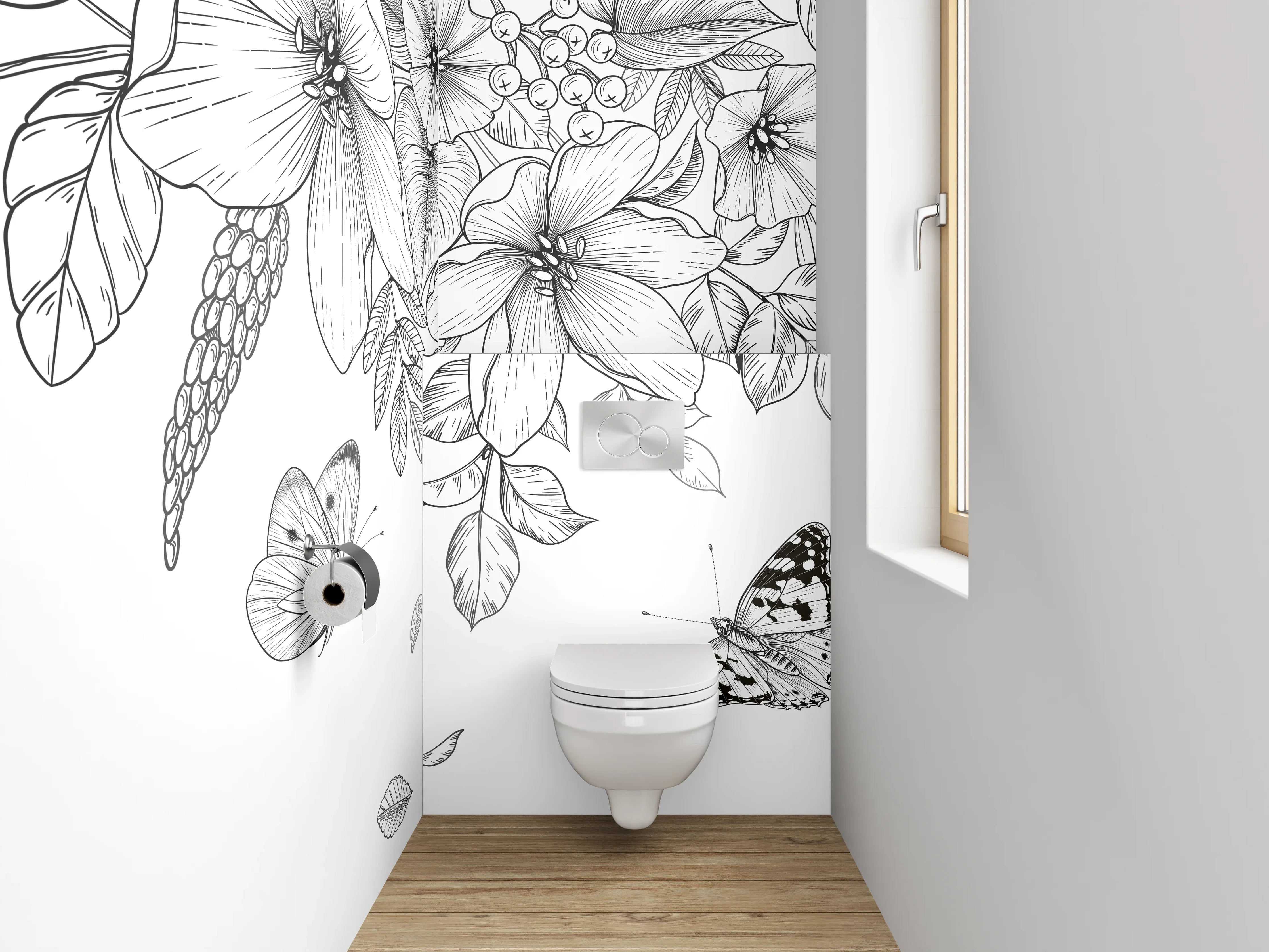 WC-Rückwand - Schwarz-weiße Blumen und Schmetterlinge Zeichnung
