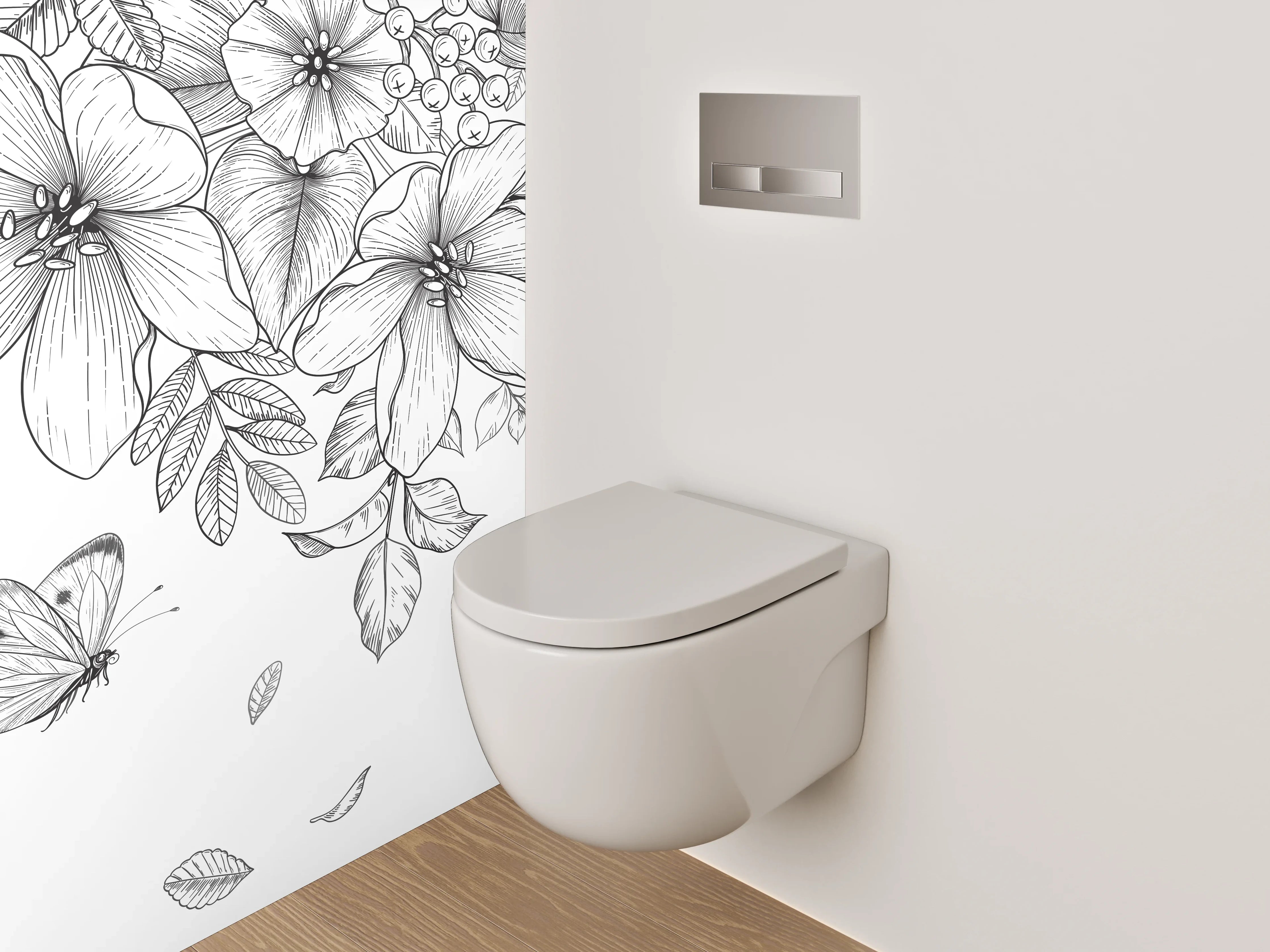 WC-Rückwand - Schwarz-weiße Blumen und Schmetterlinge Zeichnung