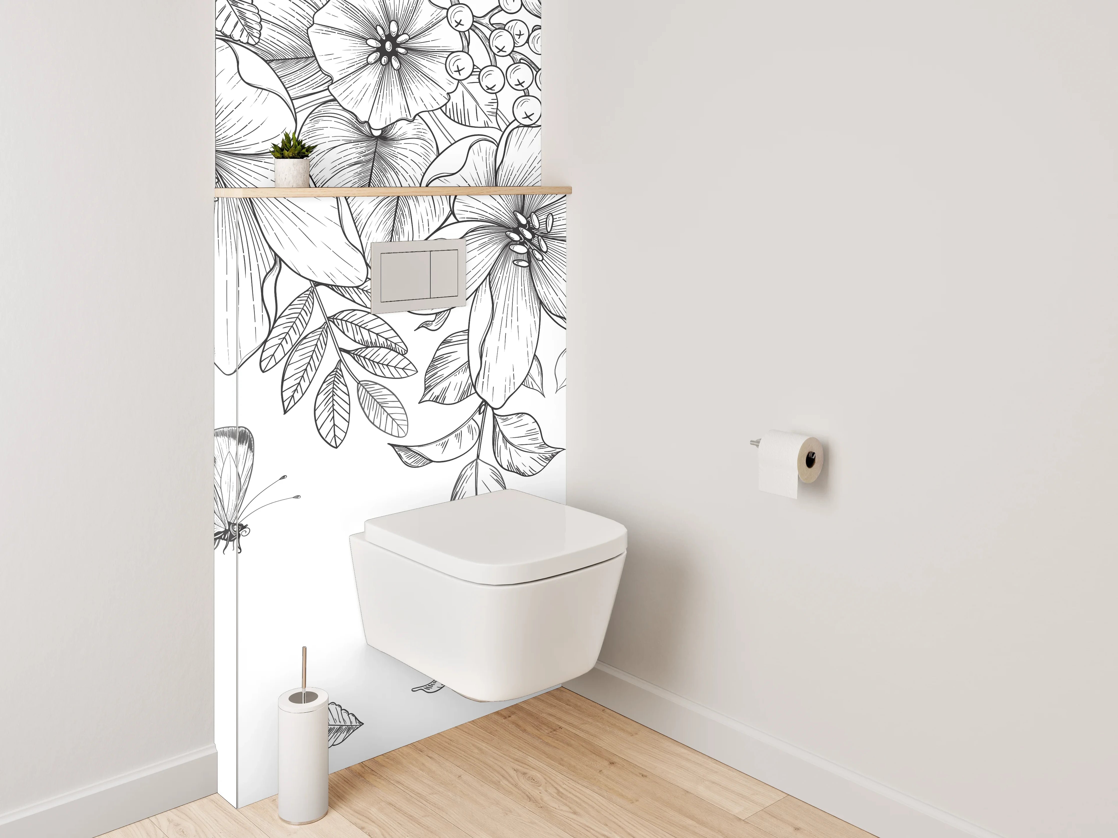 WC-Rückwand - Schwarz-weiße Blumen und Schmetterlinge Zeichnung