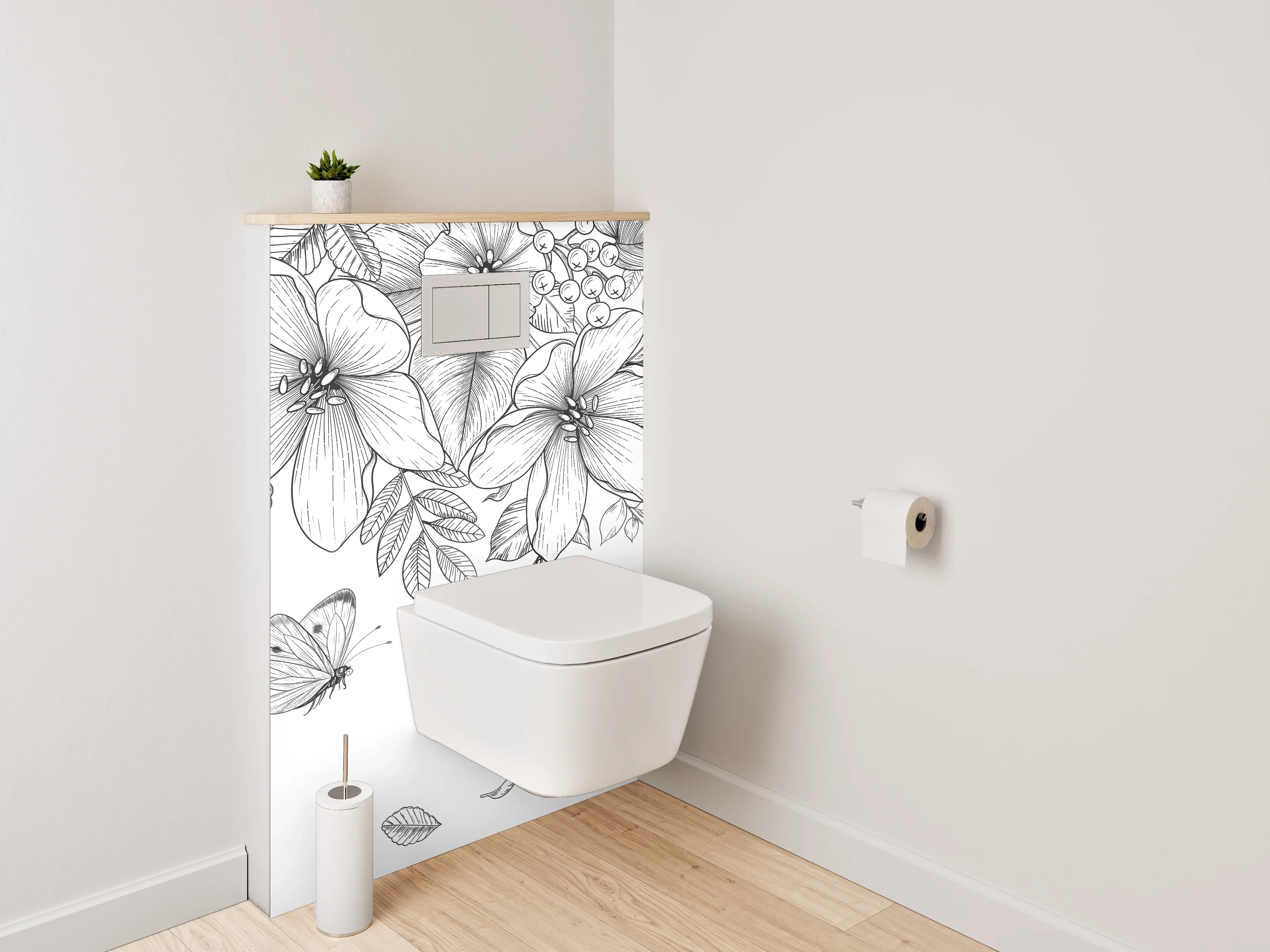 WC-Rückwand - Schwarz-weiße Blumen und Schmetterlinge Zeichnung