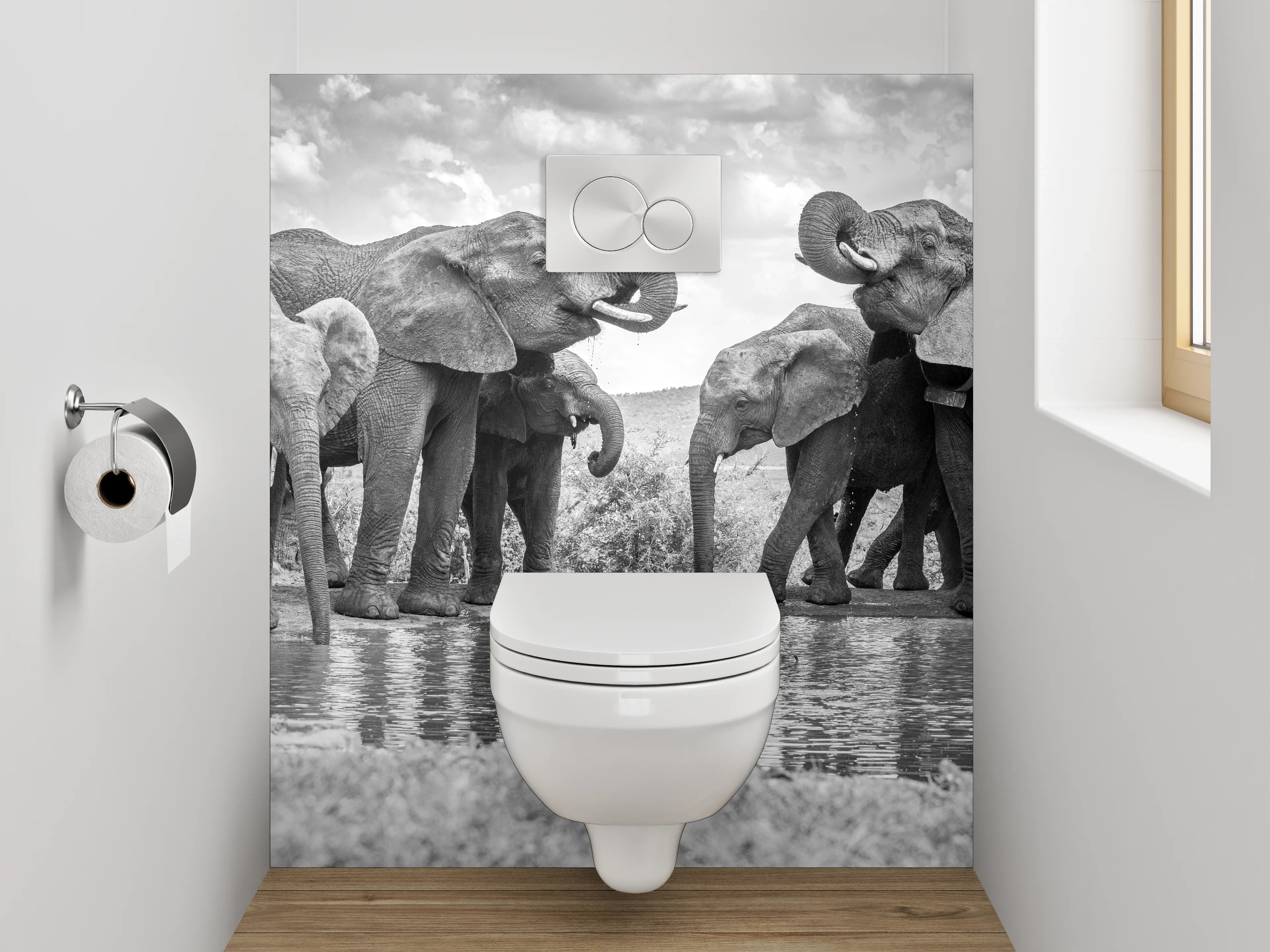 WC-Rückwand - Schwarz-weiße Elefanten am Wasserloch