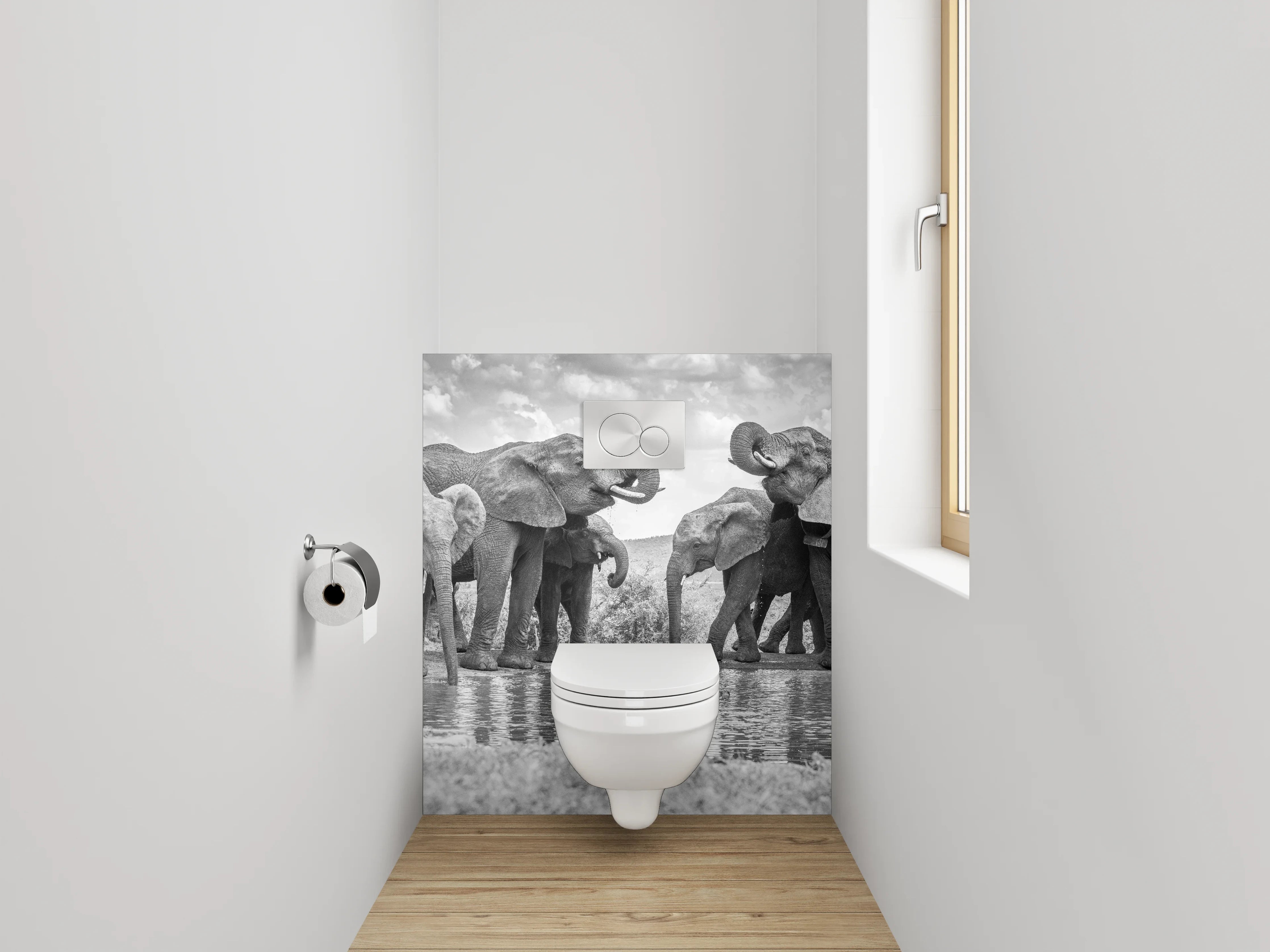 WC-Rückwand - Schwarz-weiße Elefanten am Wasserloch