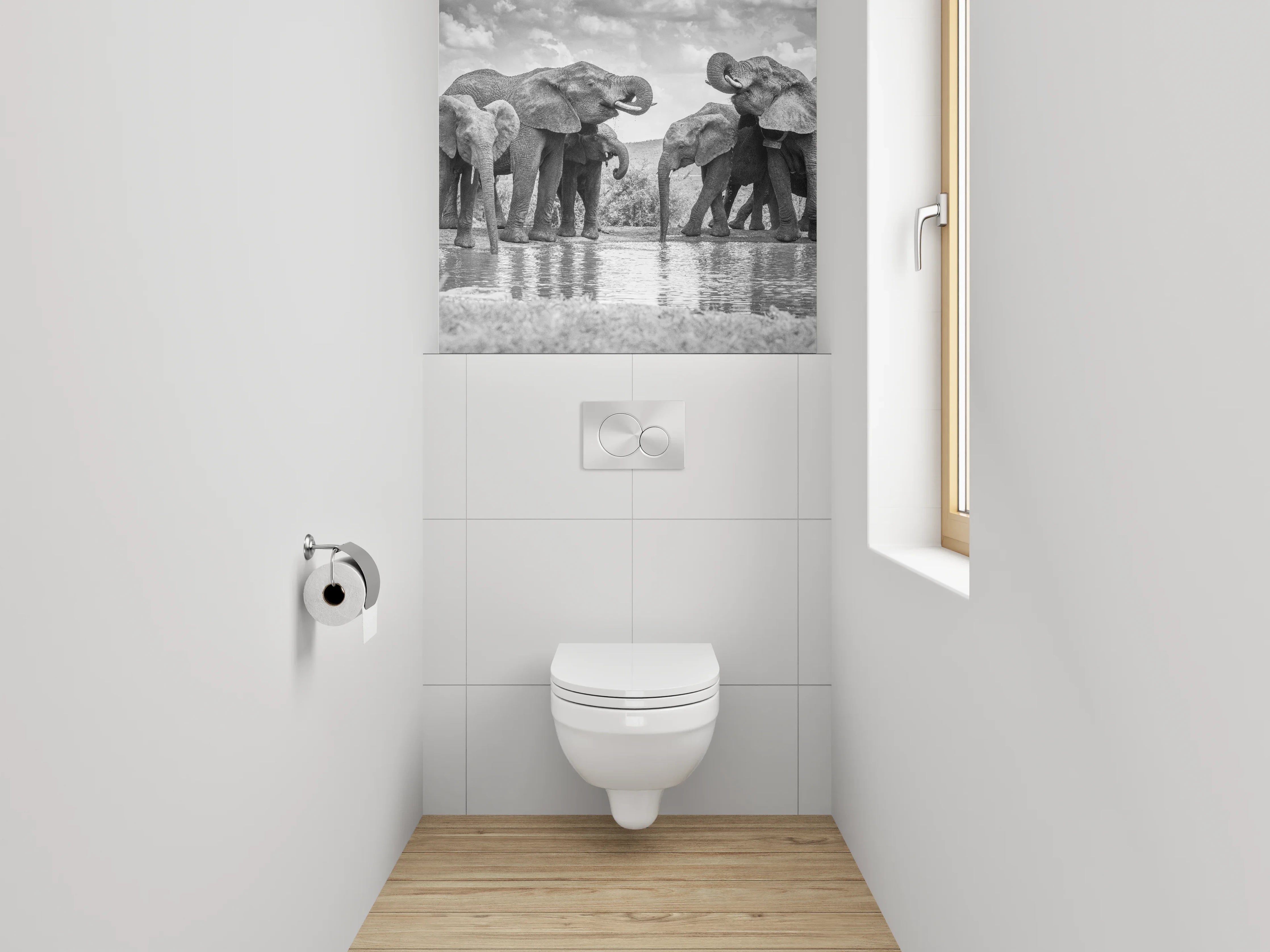 WC-Rückwand - Schwarz-weiße Elefanten am Wasserloch