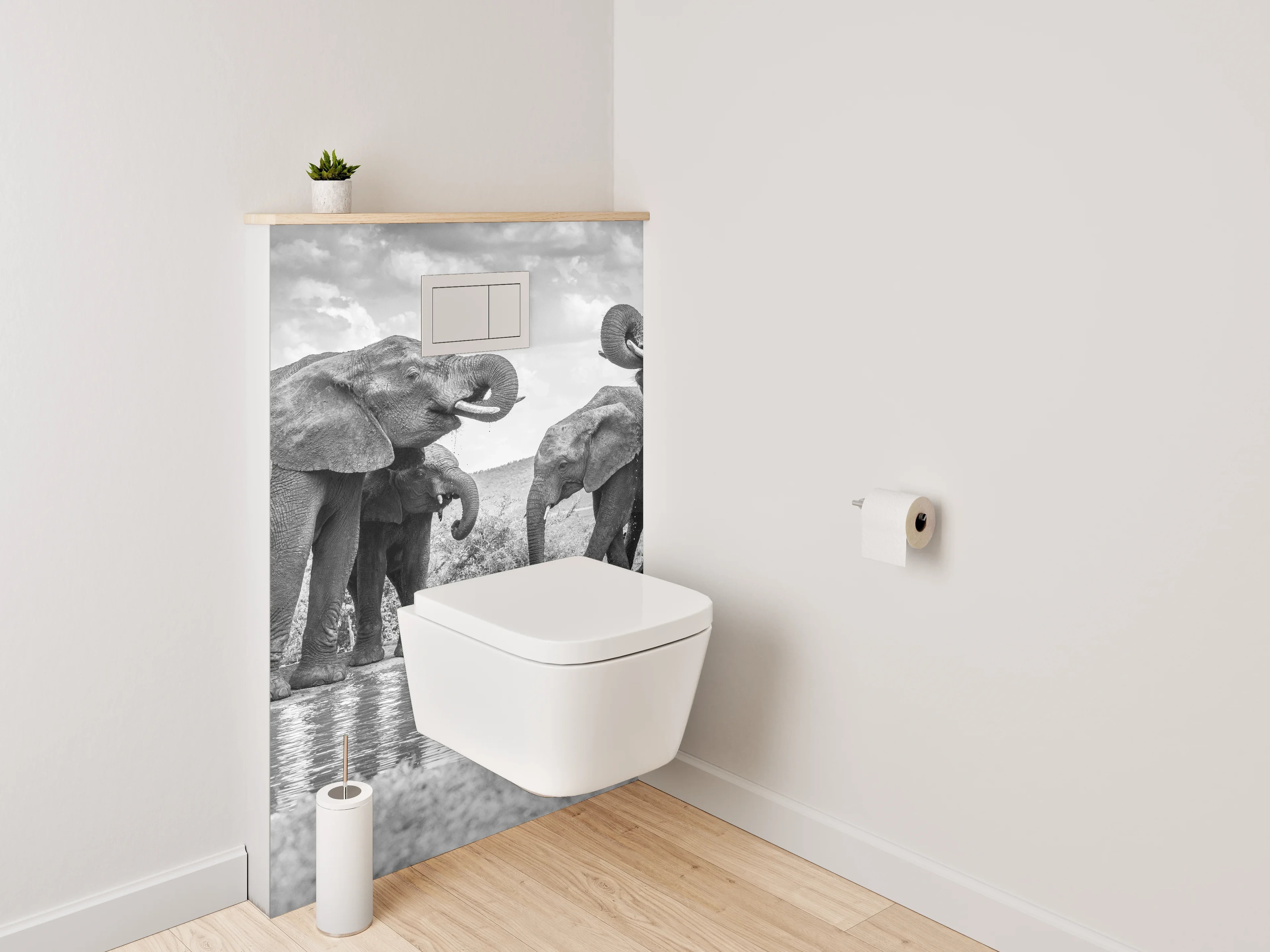 WC-Rückwand - Schwarz-weiße Elefanten am Wasserloch
