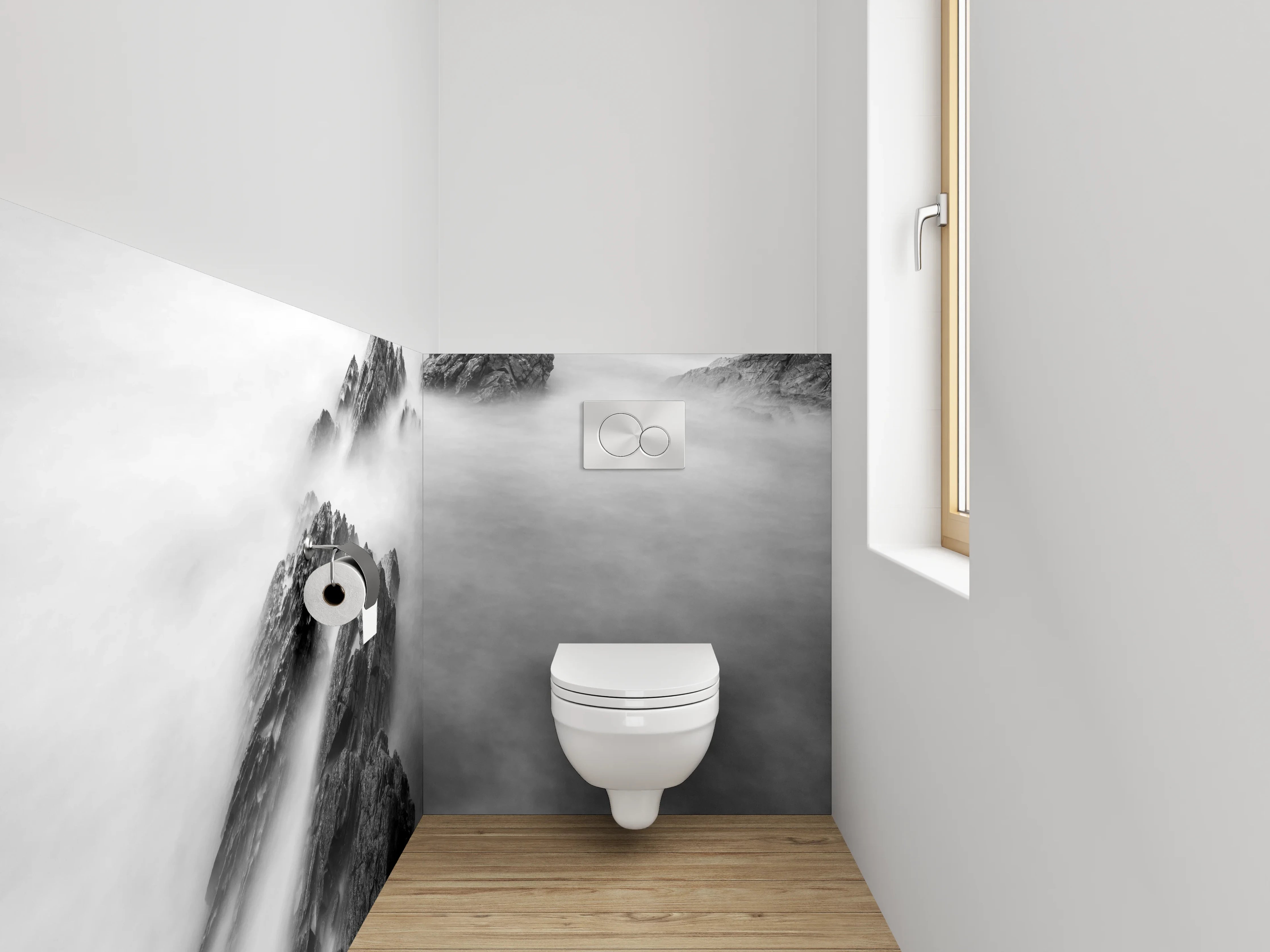 WC-Rückwand - Schwarz-weiße Felsen im Nebelmeer