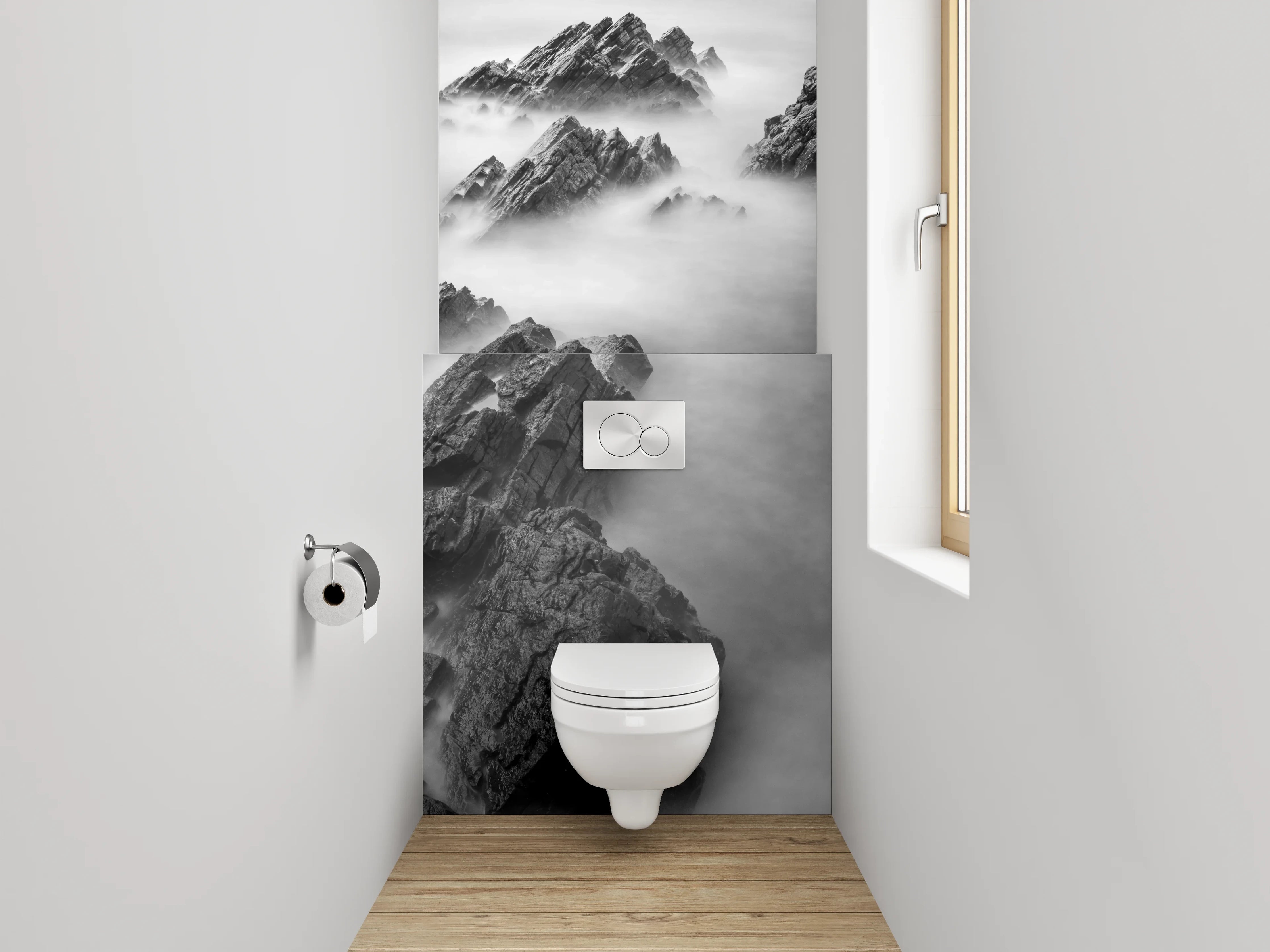 WC-Rückwand - Schwarz-weiße Felsen im Nebelmeer