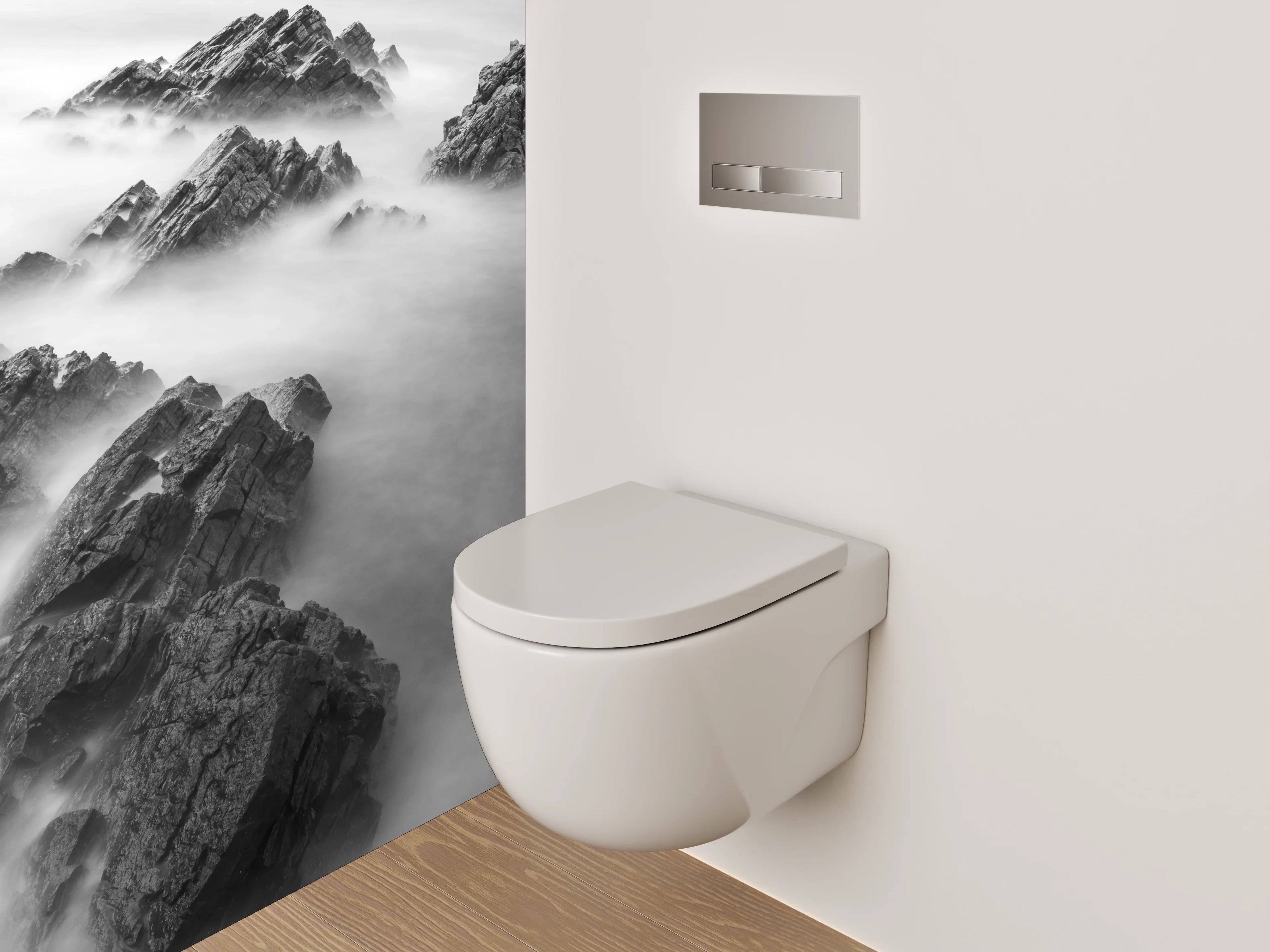 WC-Rückwand - Schwarz-weiße Felsen im Nebelmeer