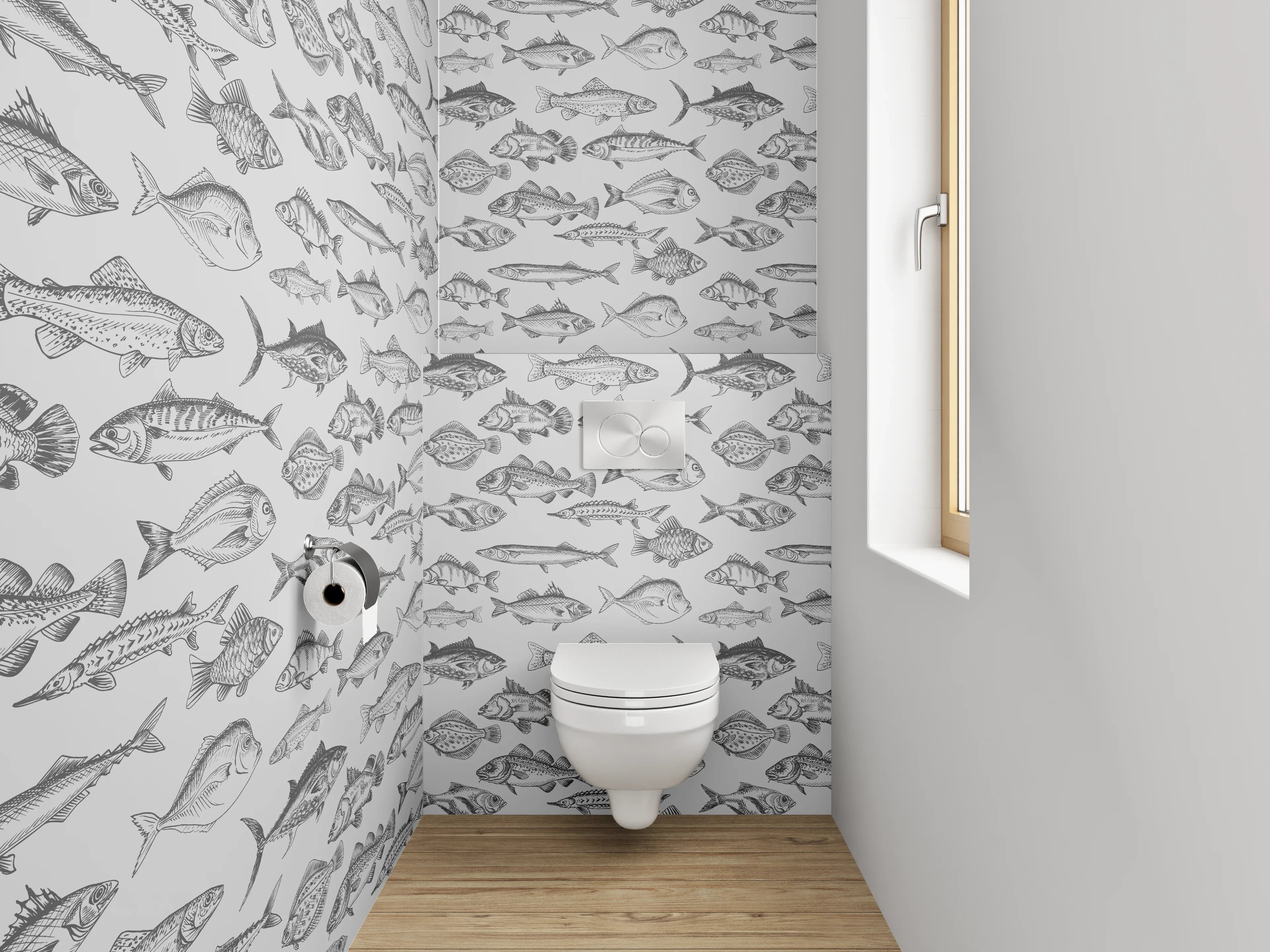 WC-Rückwand - Schwarz-weiße Fisch-Illustration Muster