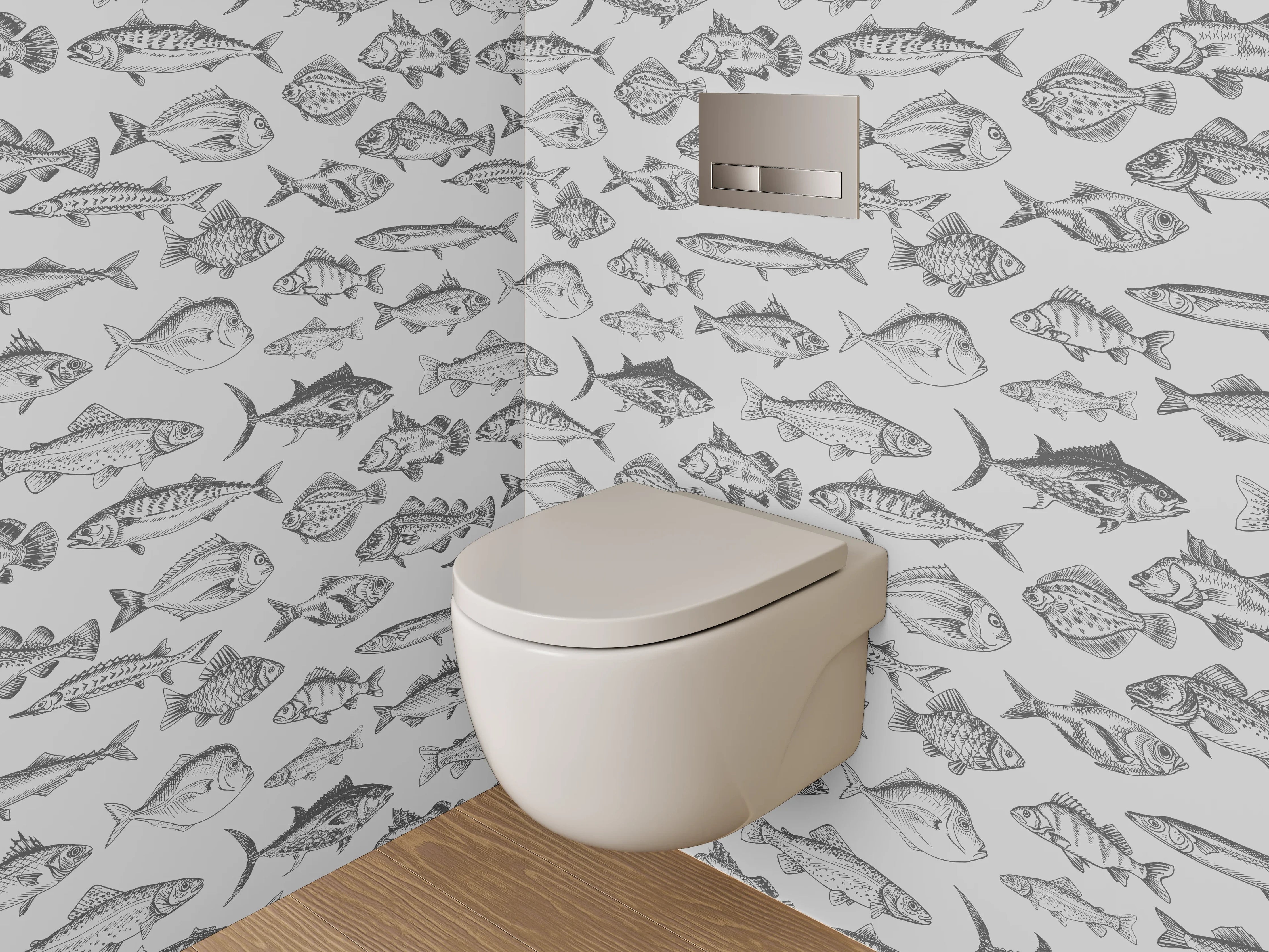 WC-Rückwand - Schwarz-weiße Fisch-Illustration Muster