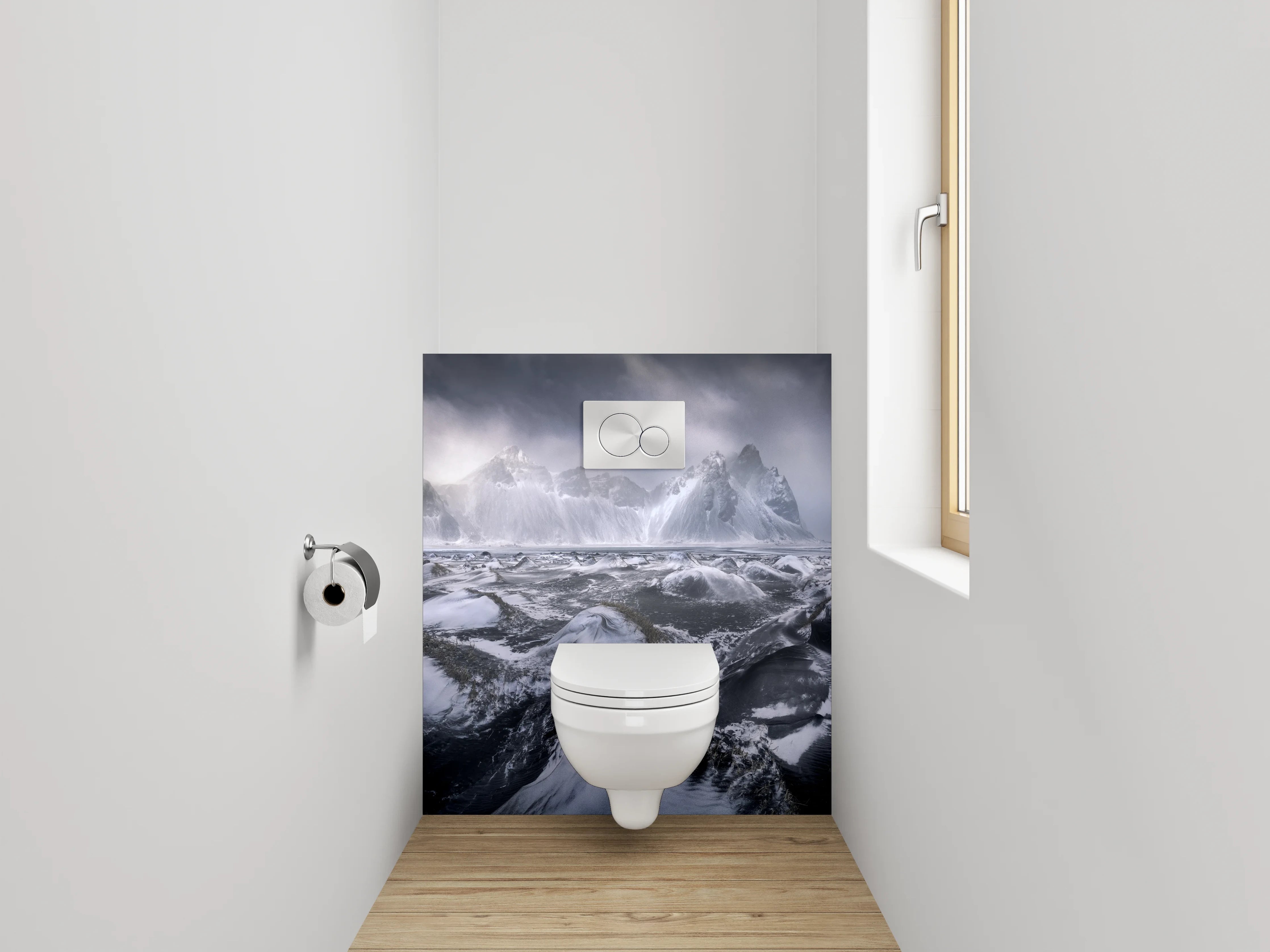 WC-Rückwand - Schwarz-weiße Gletscherlandschaft mit Bergen