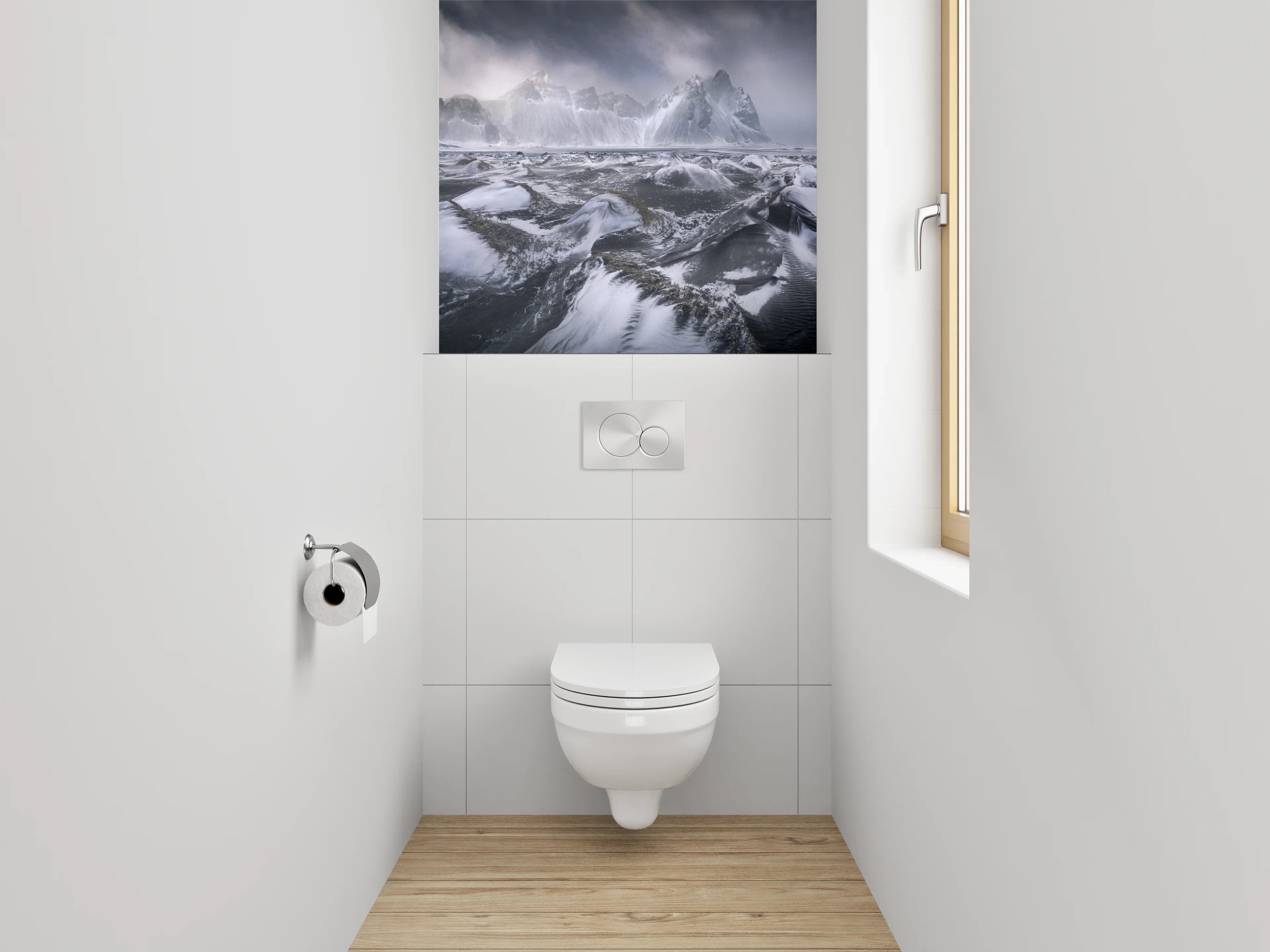 WC-Rückwand - Schwarz-weiße Gletscherlandschaft mit Bergen