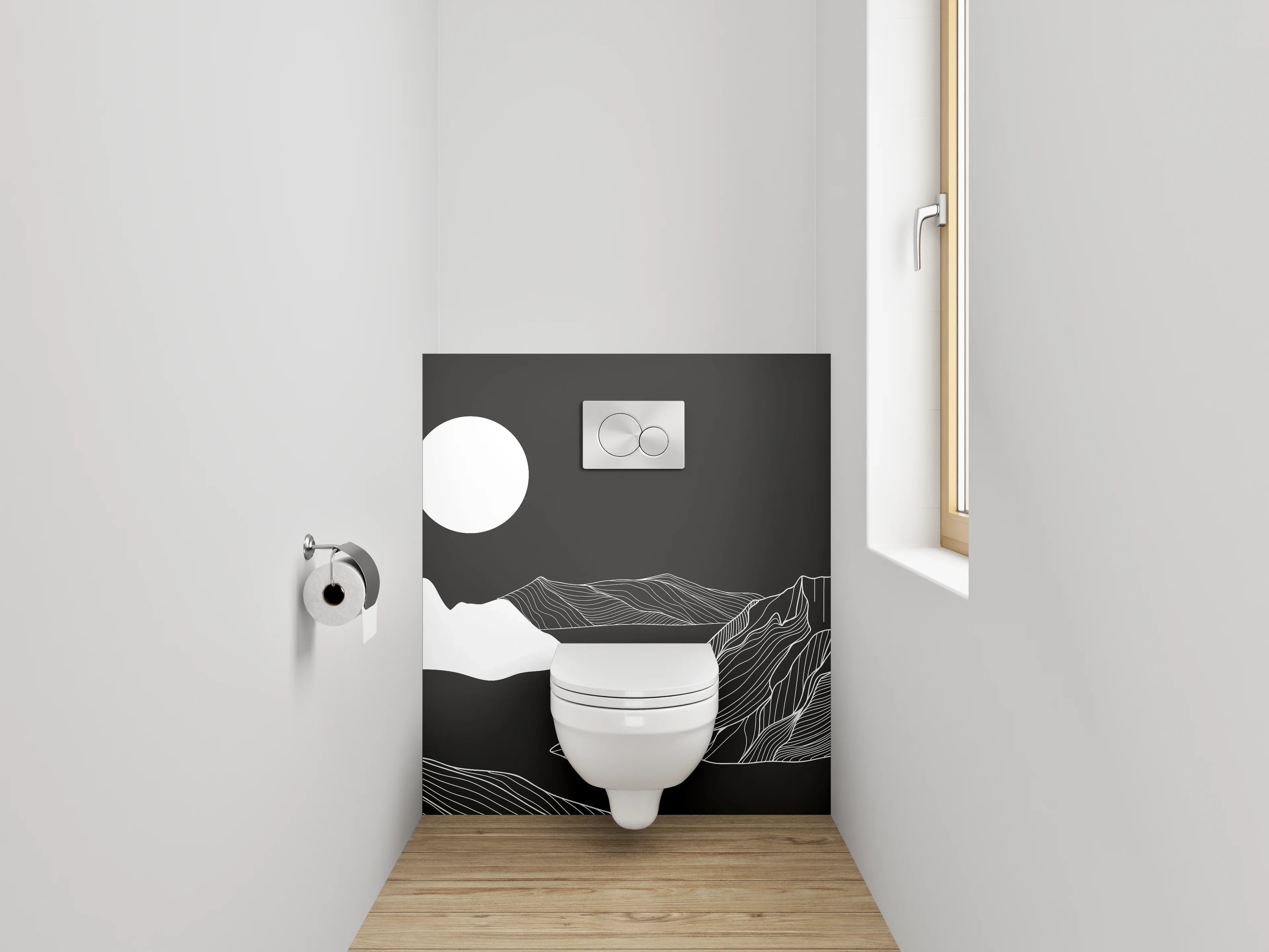 WC-Rückwand - Schwarz-weiße Lineart Berglandschaft Illustration