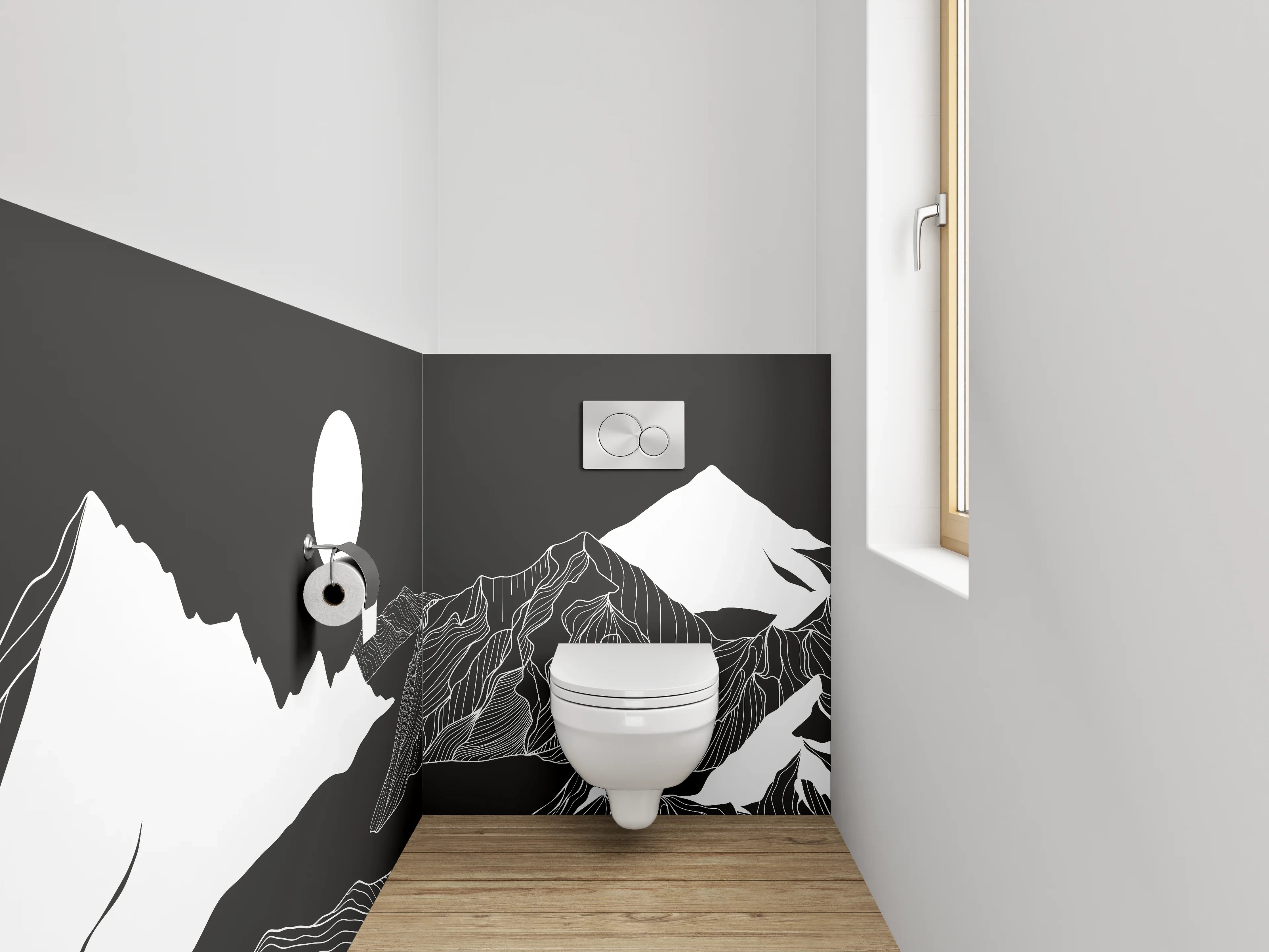 WC-Rückwand - Schwarz-weiße Lineart Berglandschaft Illustration