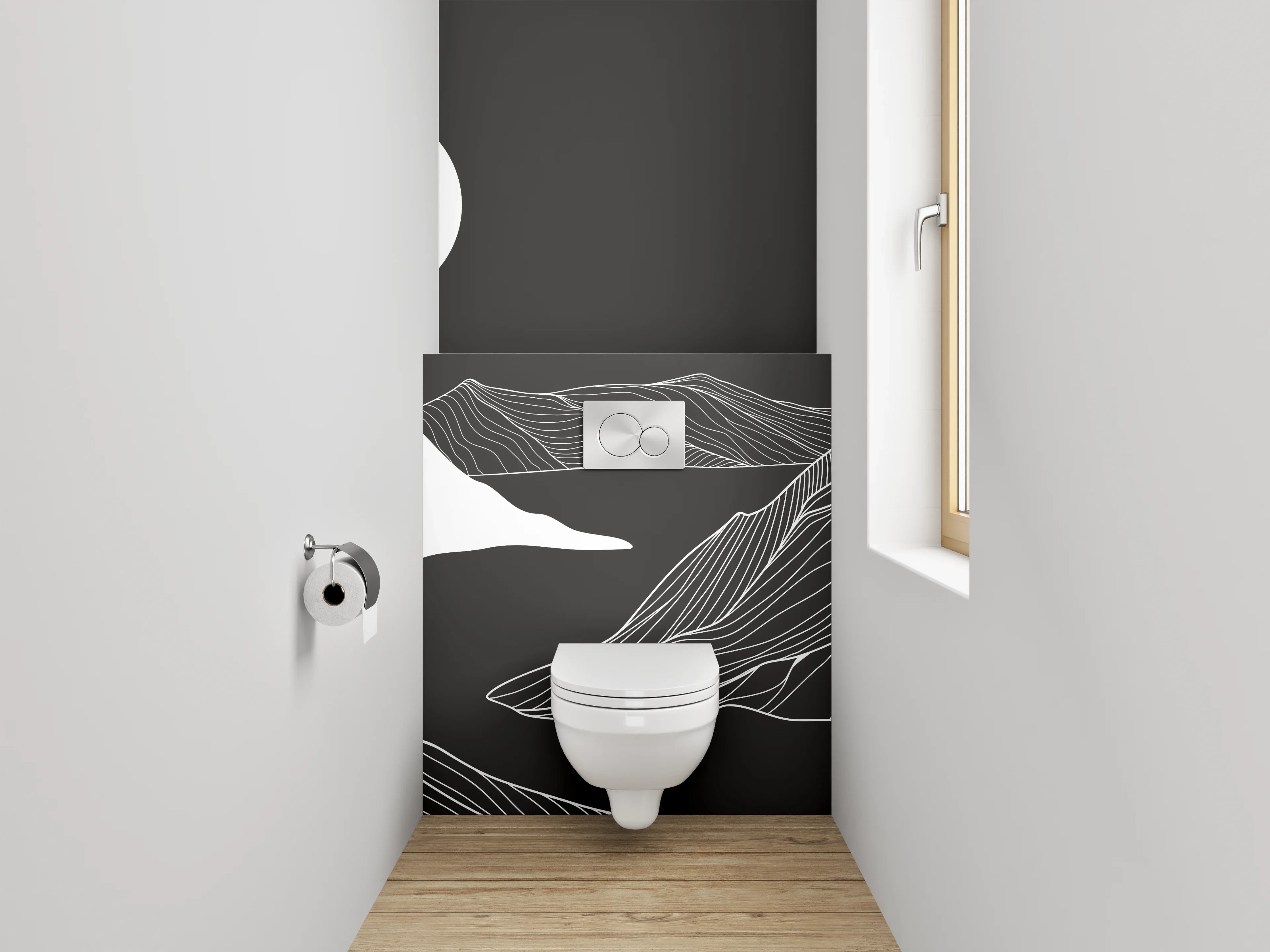 WC-Rückwand - Schwarz-weiße Lineart Berglandschaft Illustration