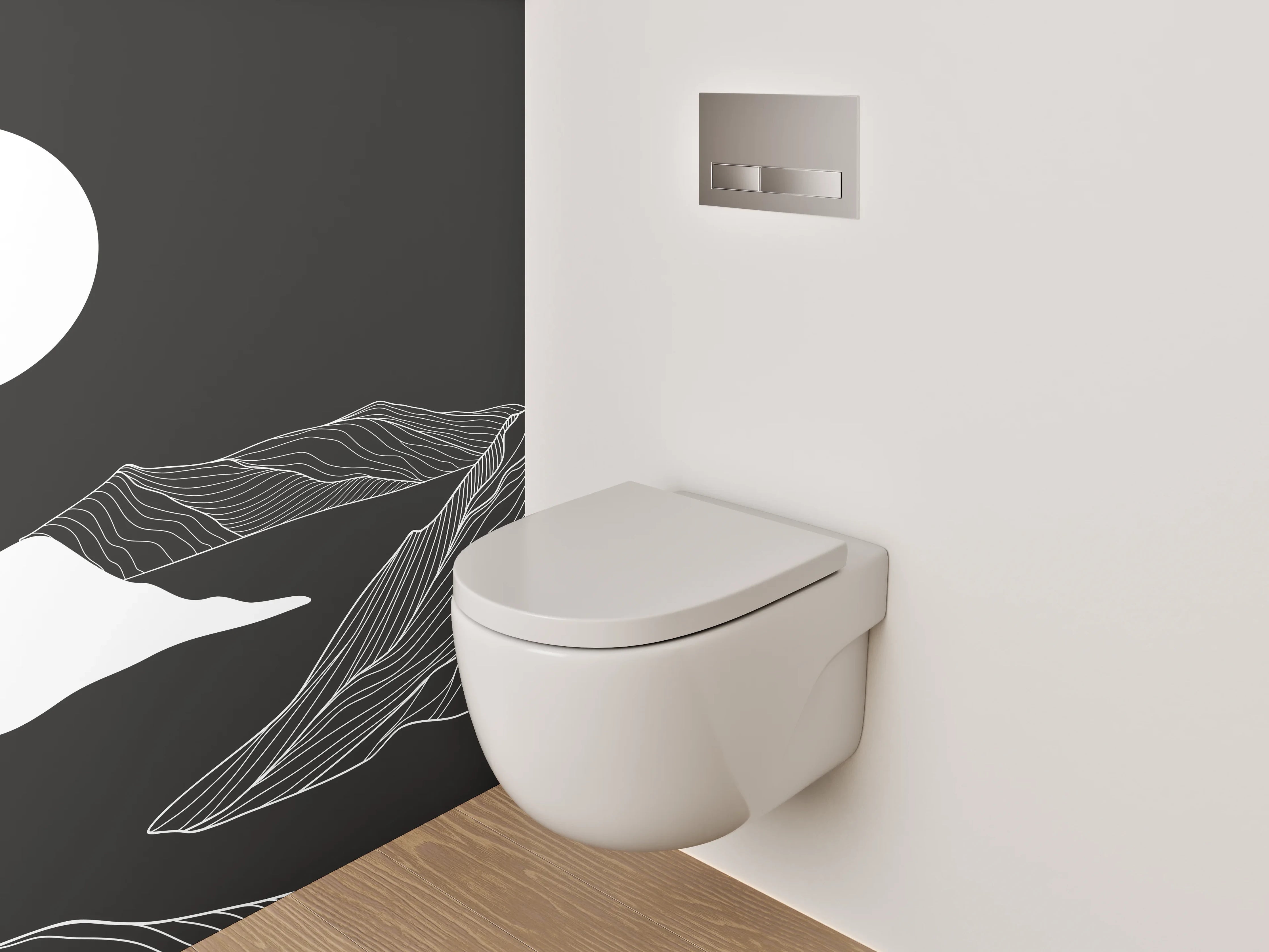 WC-Rückwand - Schwarz-weiße Lineart Berglandschaft Illustration