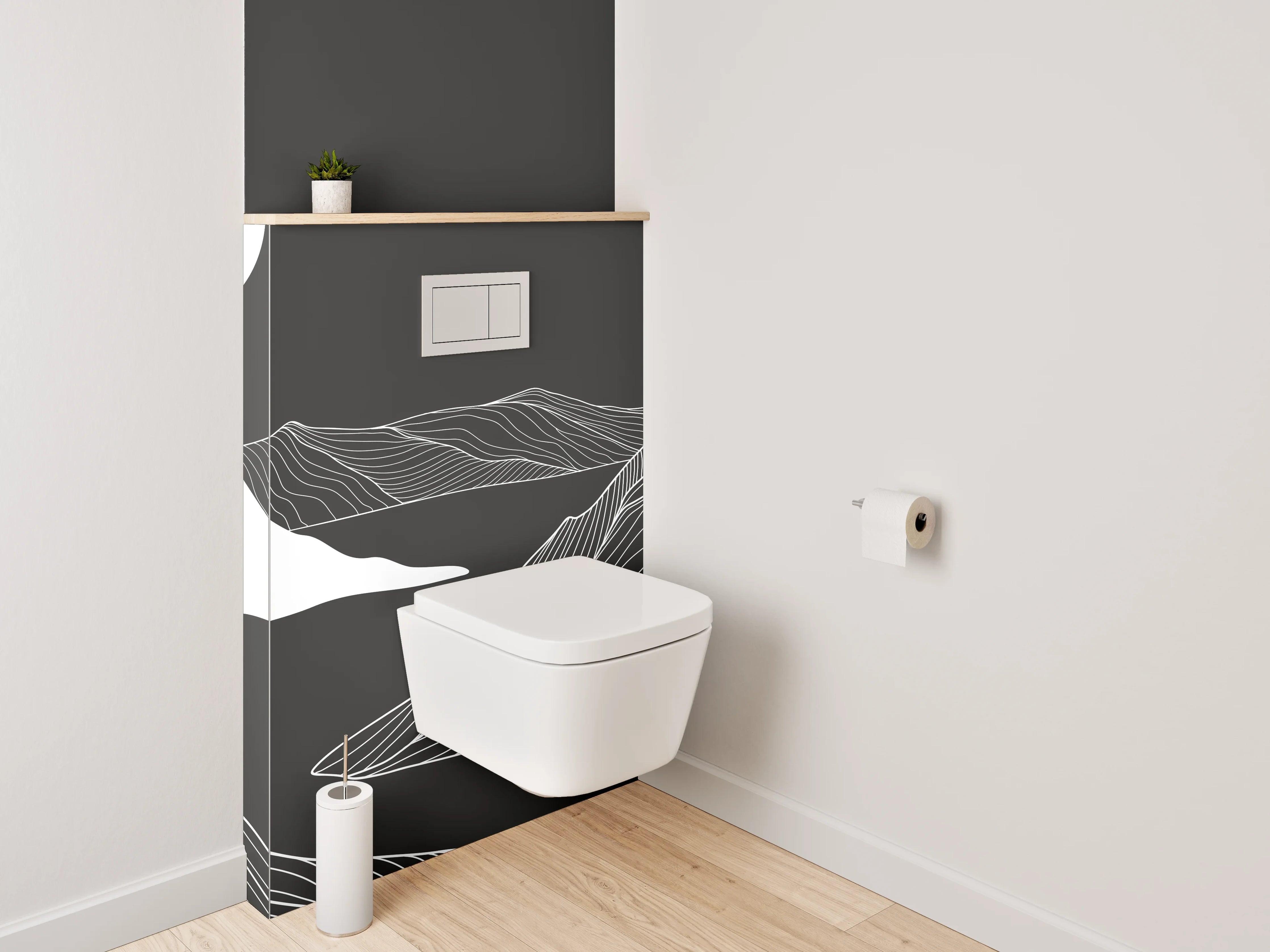 WC-Rückwand - Schwarz-weiße Lineart Berglandschaft Illustration