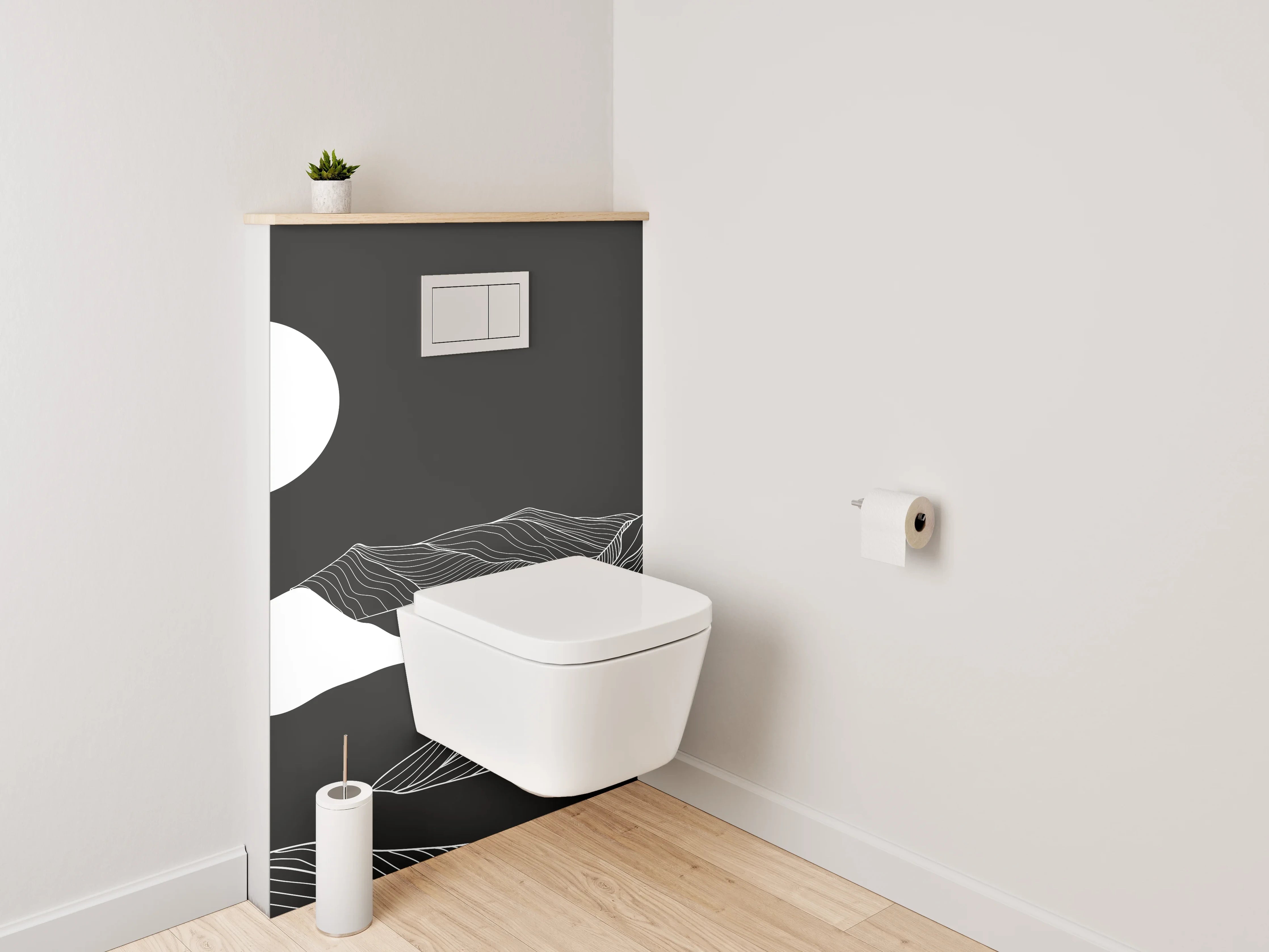 WC-Rückwand - Schwarz-weiße Lineart Berglandschaft Illustration