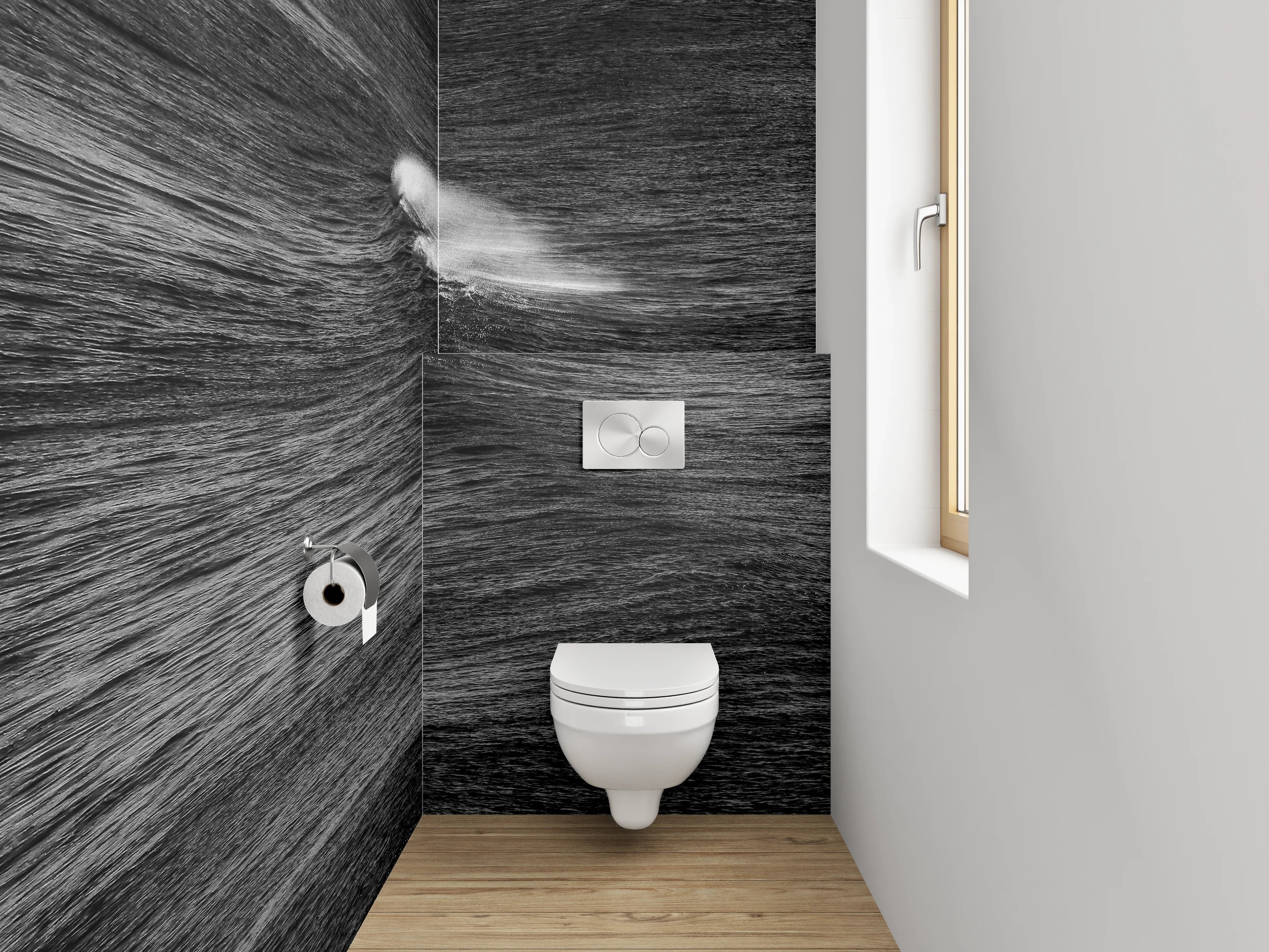 WC-Rückwand - Schwarz-weiße Meereswelle abstrakt