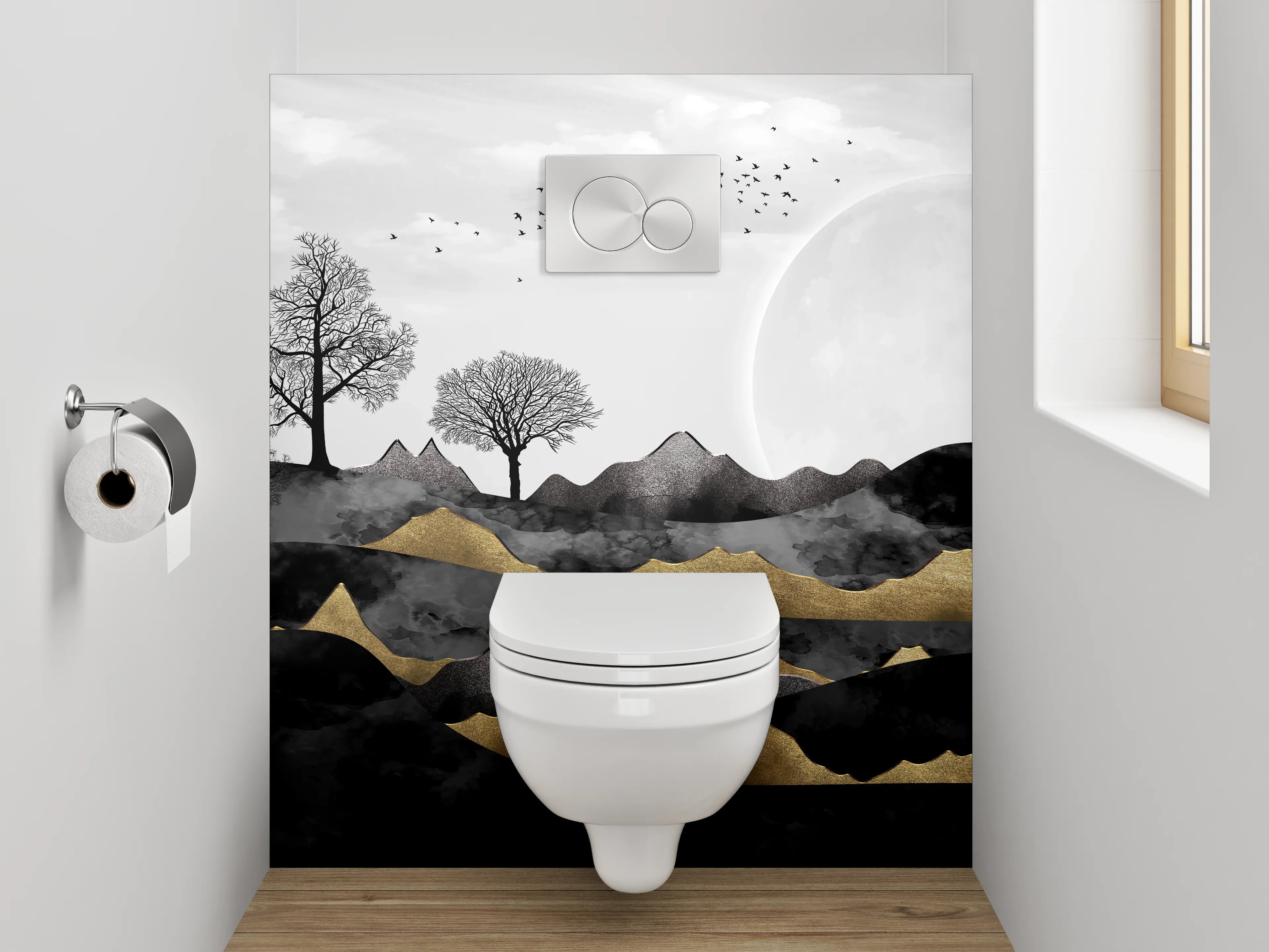 WC-Rückwand - Schwarz-weiße Mondlandschaft mit Goldakzenten