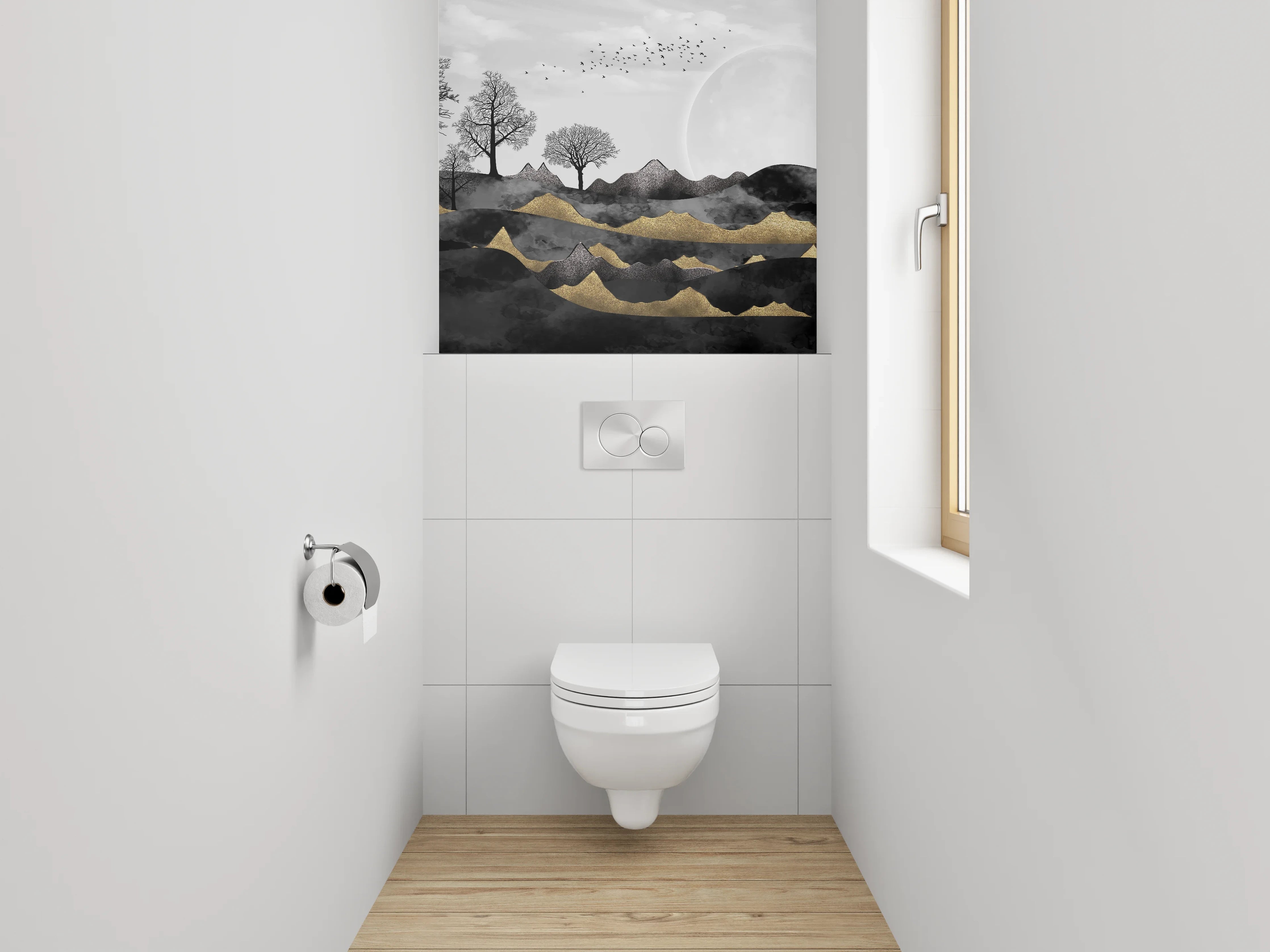 WC-Rückwand - Schwarz-weiße Mondlandschaft mit Goldakzenten
