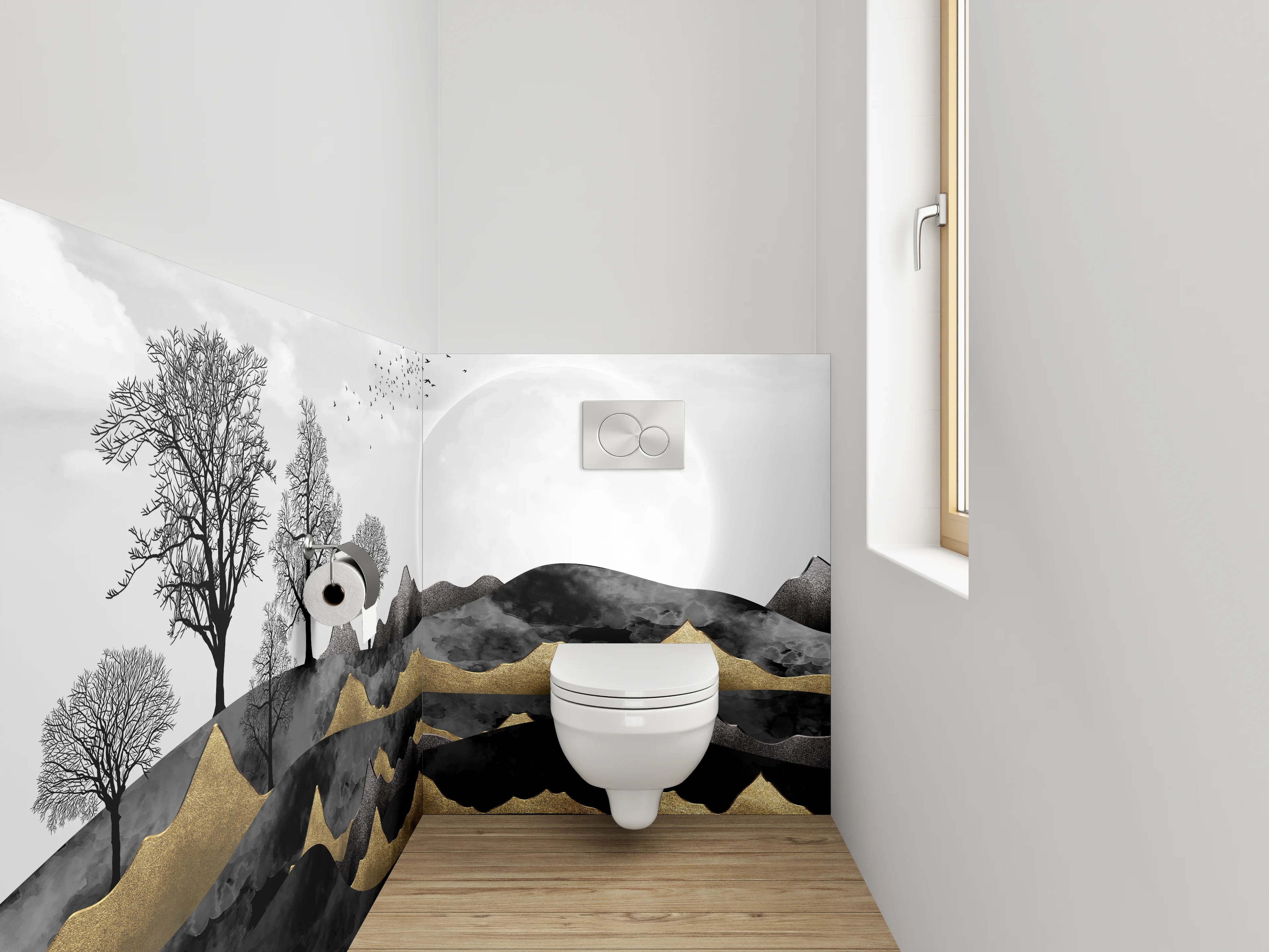 WC-Rückwand - Schwarz-weiße Mondlandschaft mit Goldakzenten