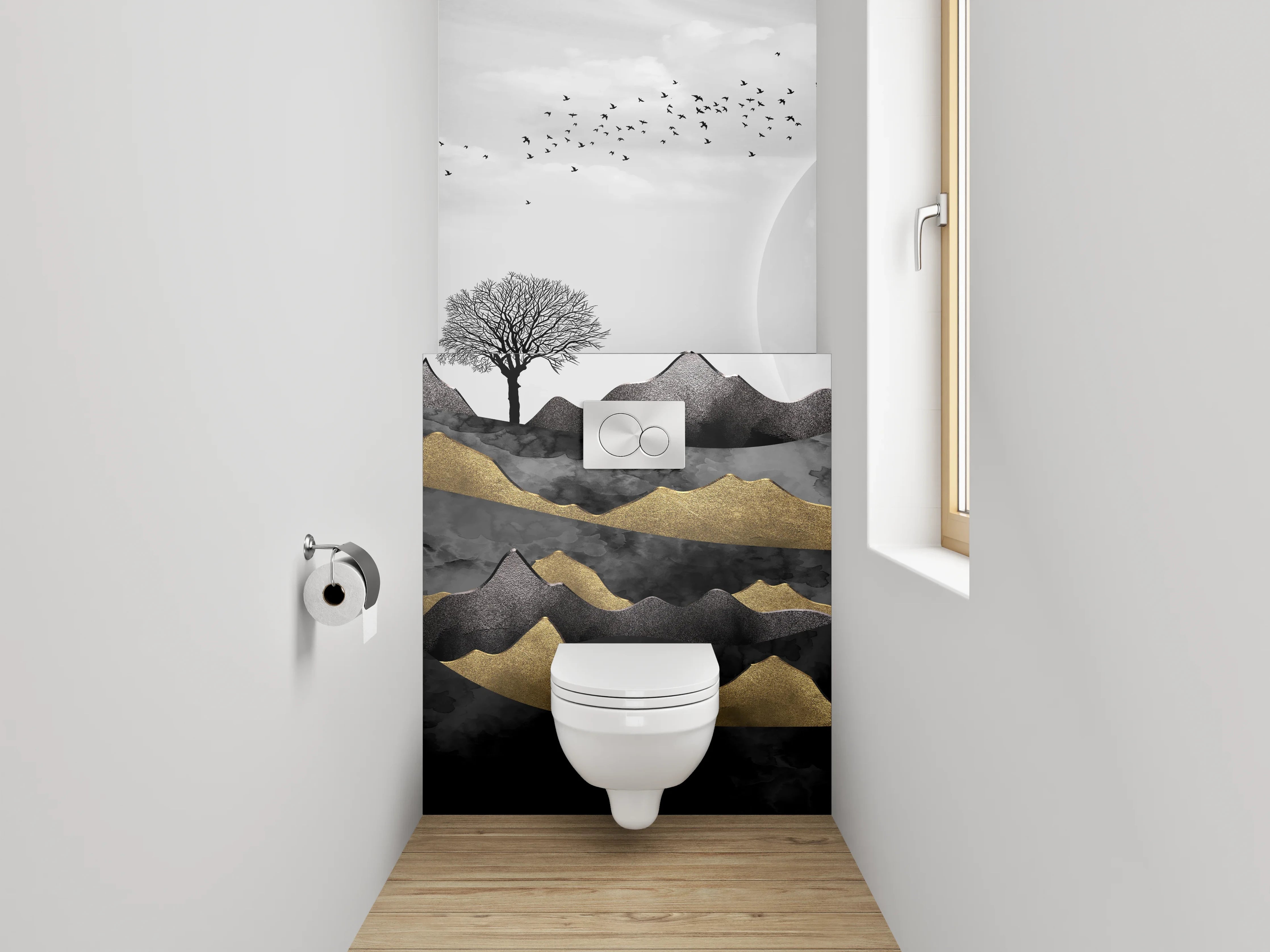 WC-Rückwand - Schwarz-weiße Mondlandschaft mit Goldakzenten