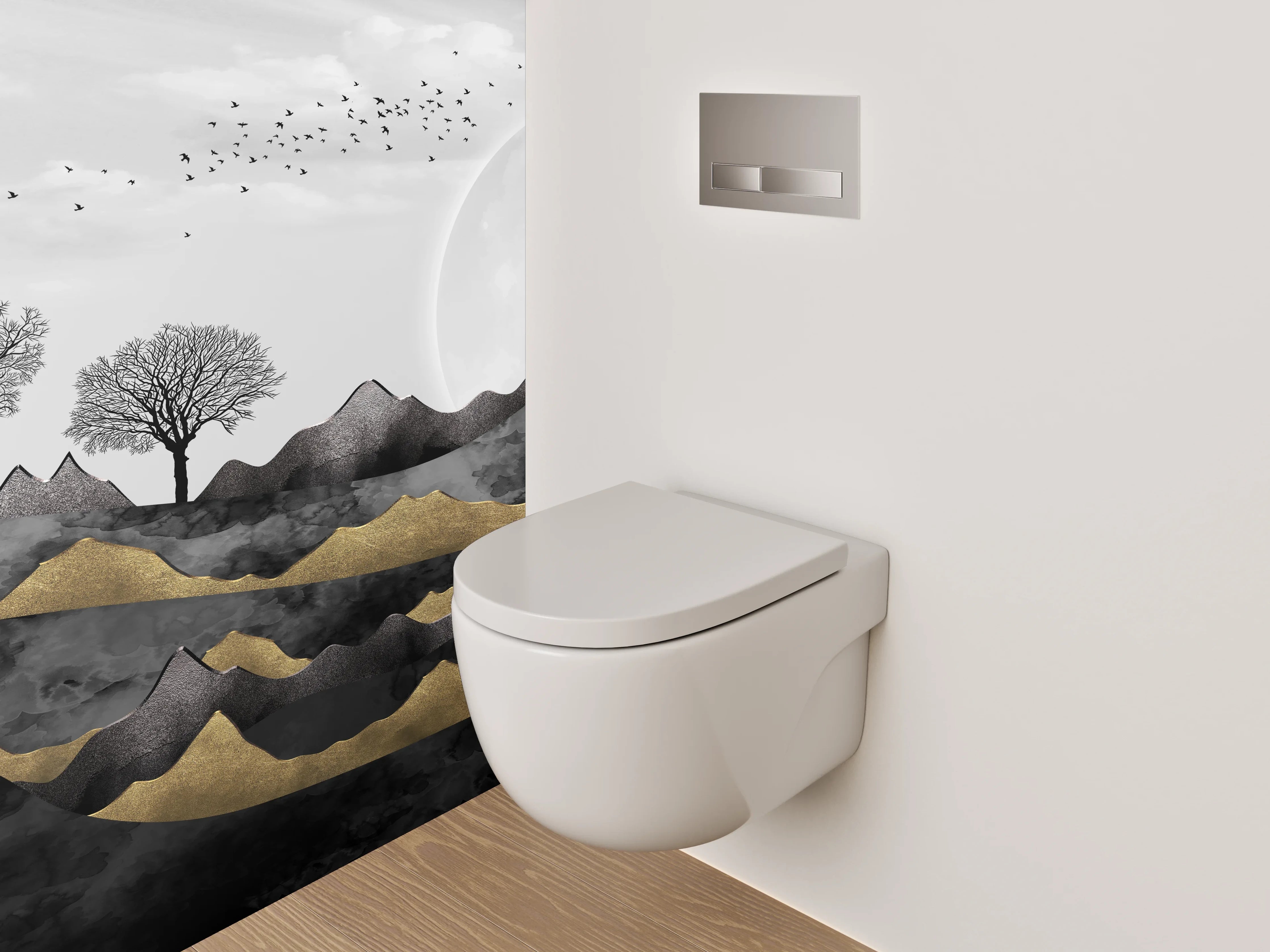 WC-Rückwand - Schwarz-weiße Mondlandschaft mit Goldakzenten