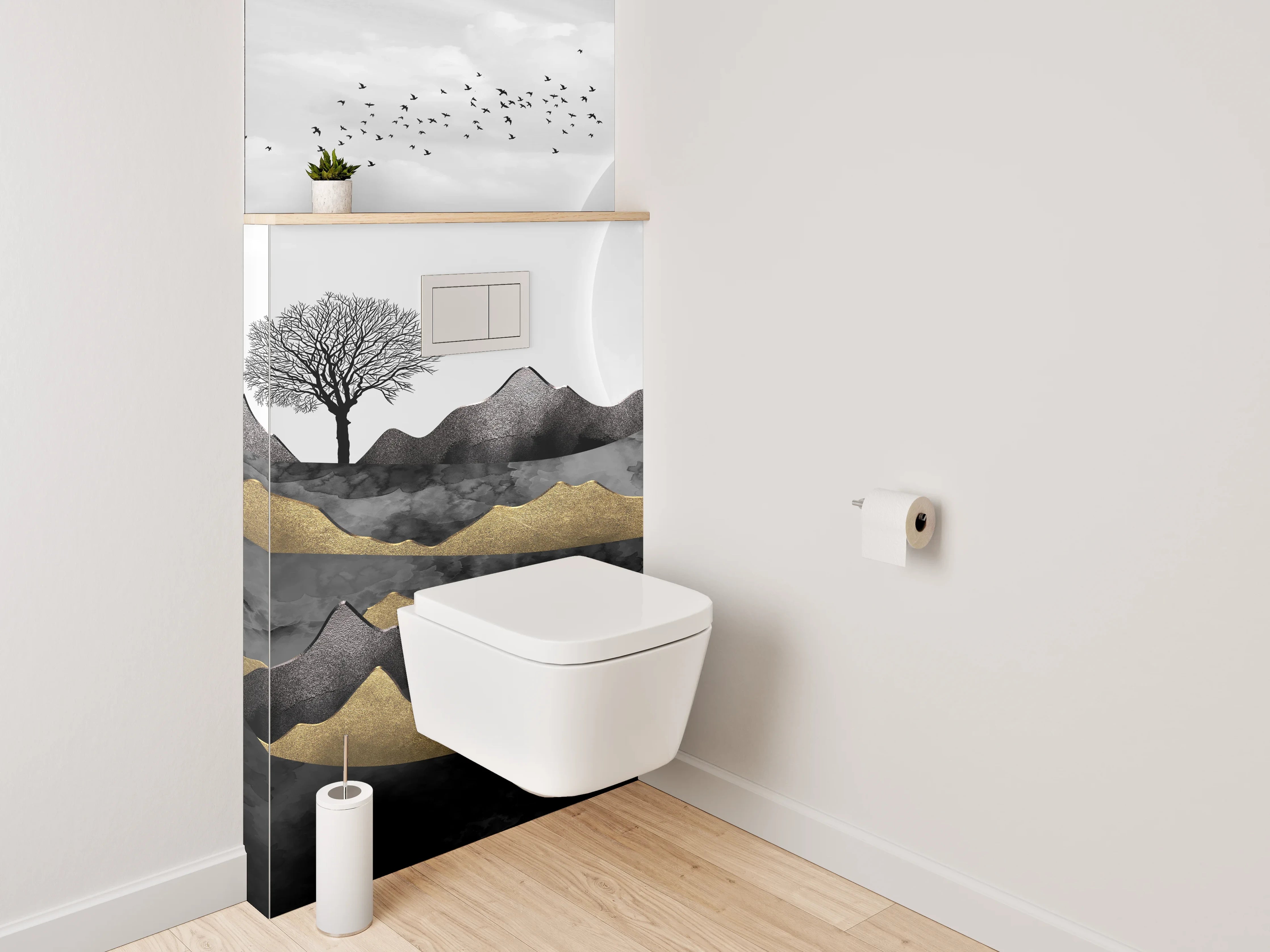 WC-Rückwand - Schwarz-weiße Mondlandschaft mit Goldakzenten