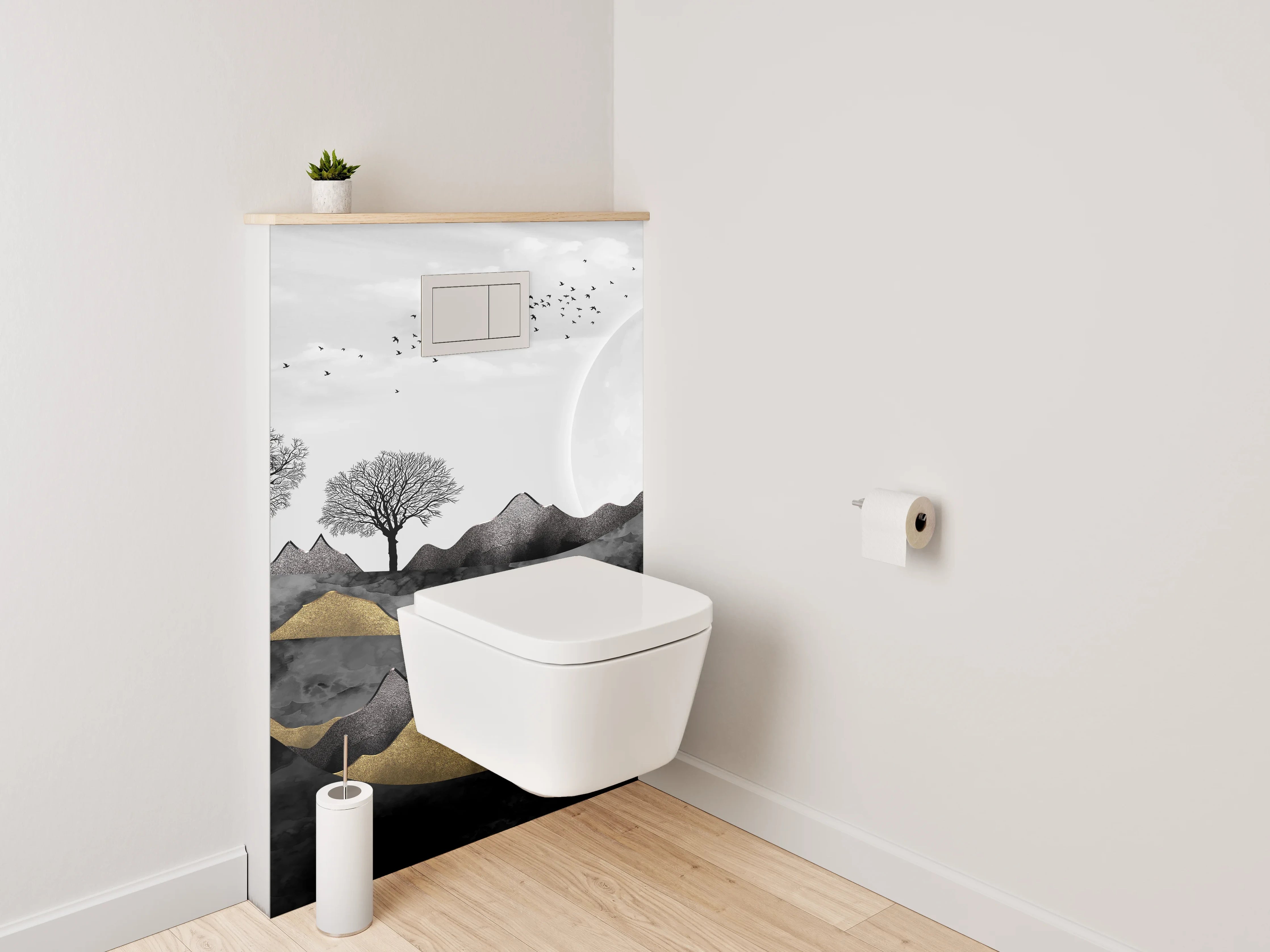 WC-Rückwand - Schwarz-weiße Mondlandschaft mit Goldakzenten