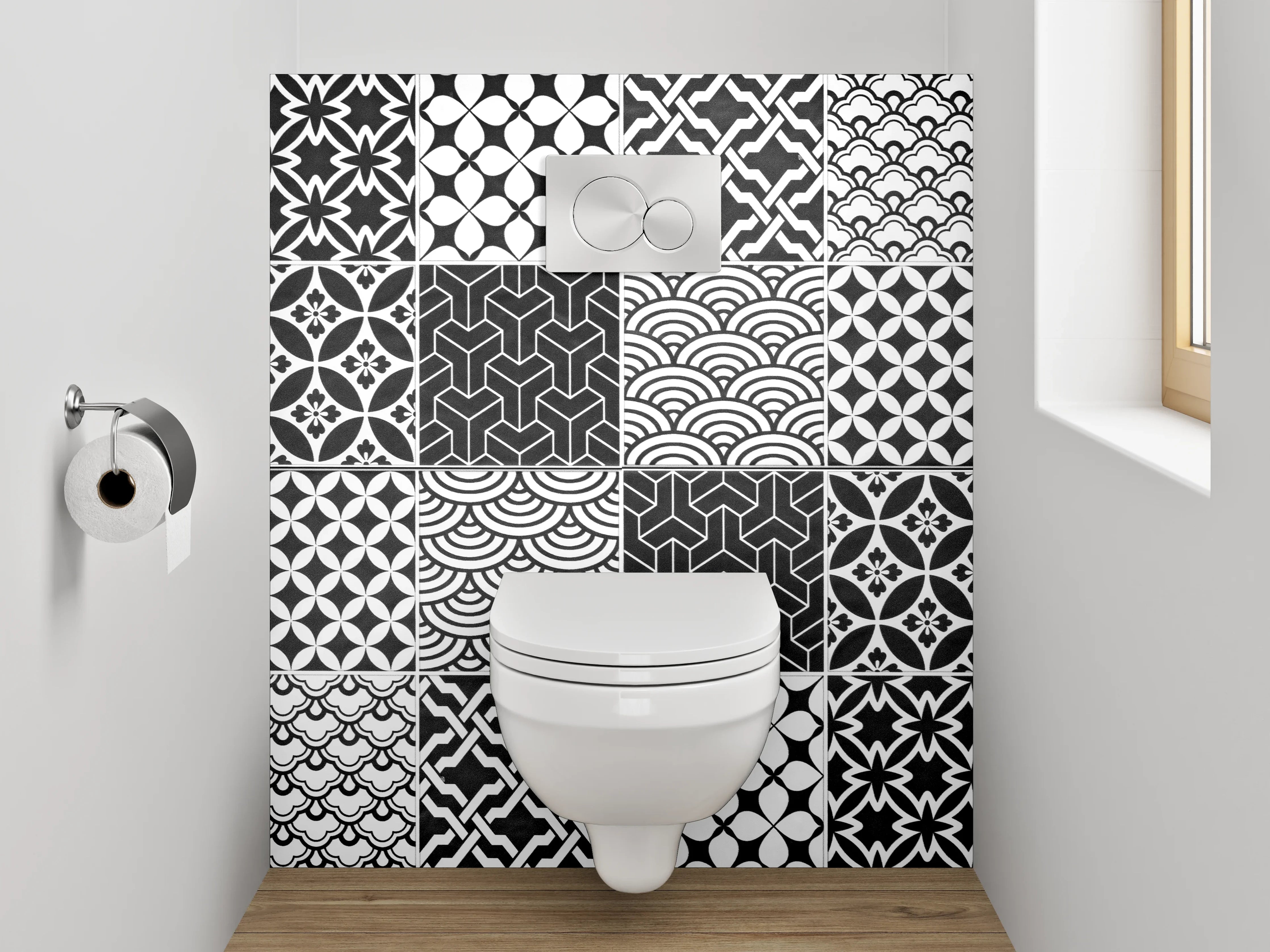 WC-Rückwand - Schwarz-weiße Patchwork-Muster Fliesen