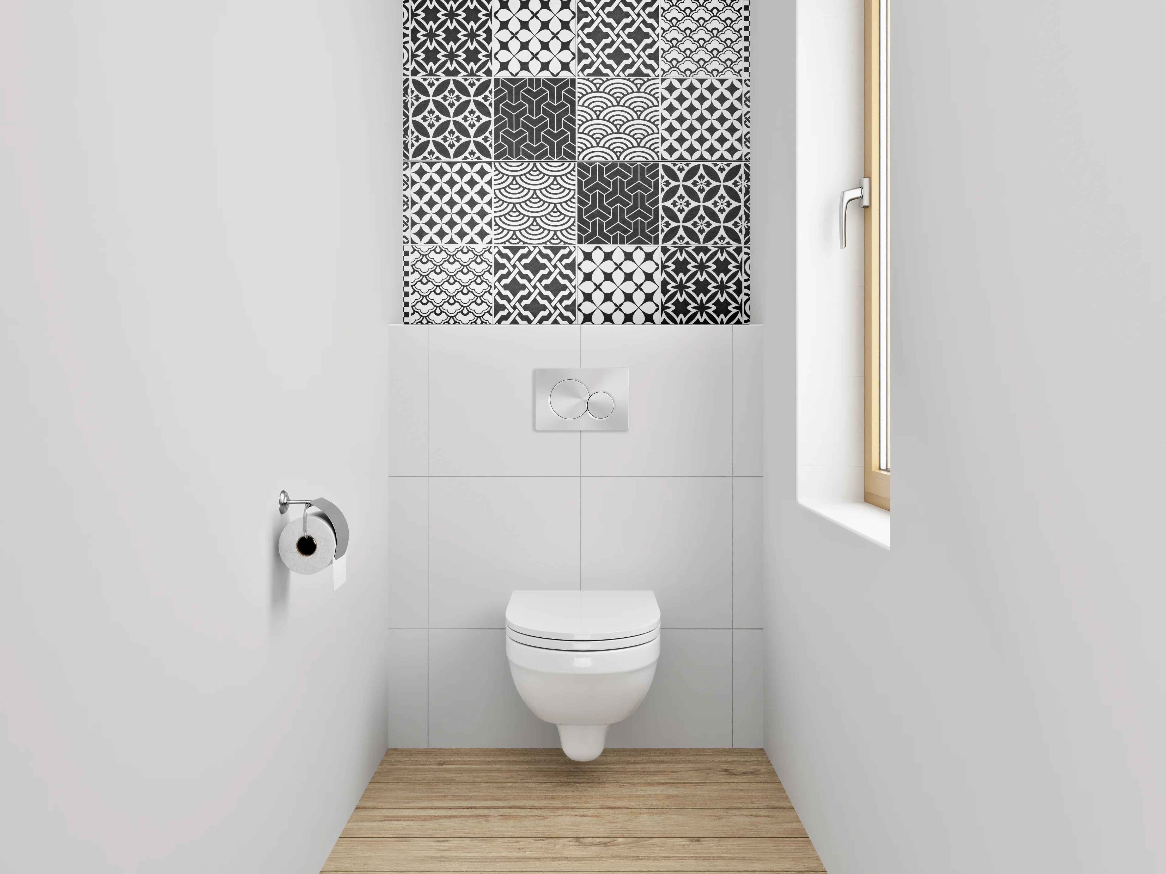 WC-Rückwand - Schwarz-weiße Patchwork-Muster Fliesen