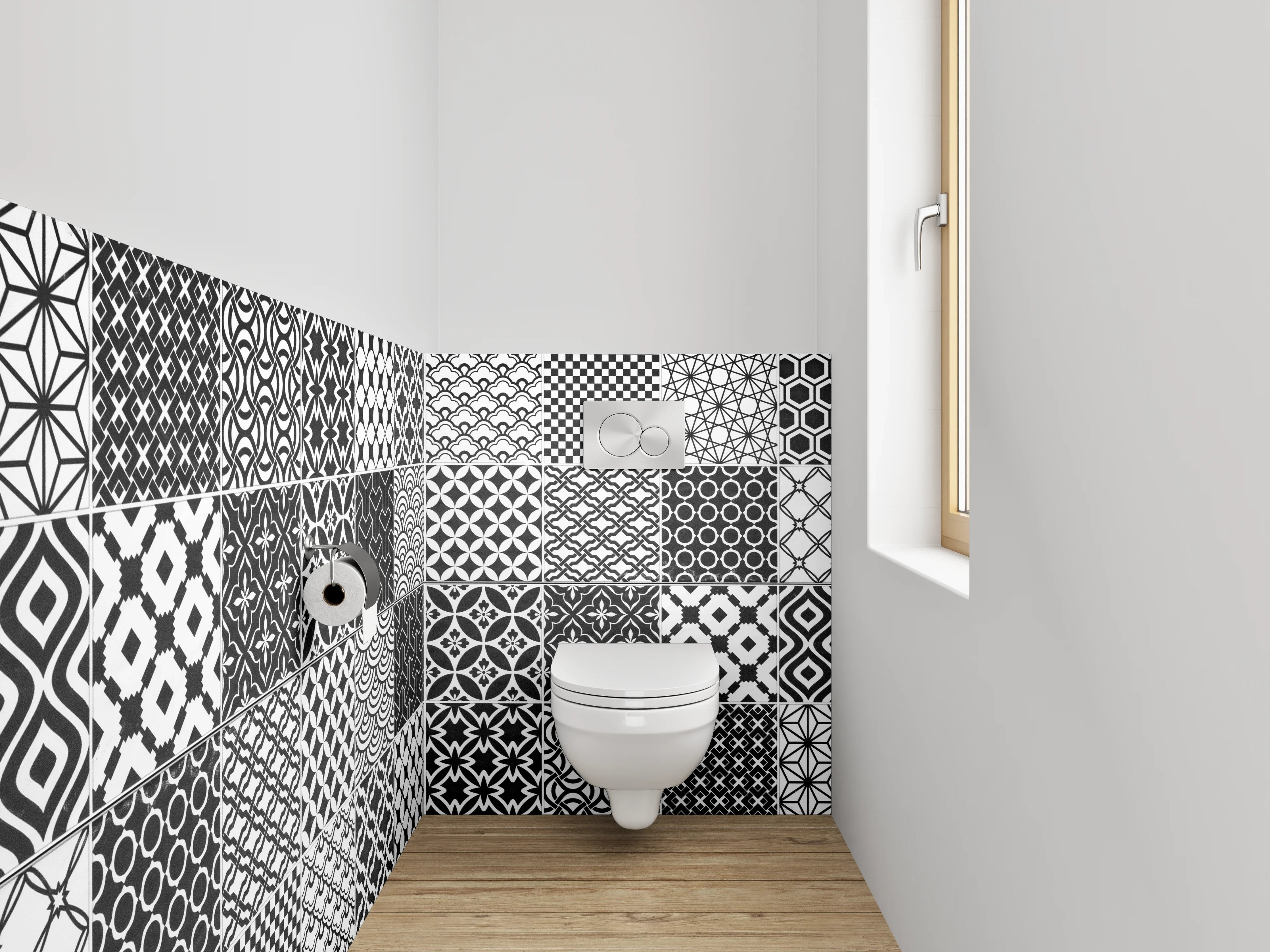 WC-Rückwand - Schwarz-weiße Patchwork-Muster Fliesen