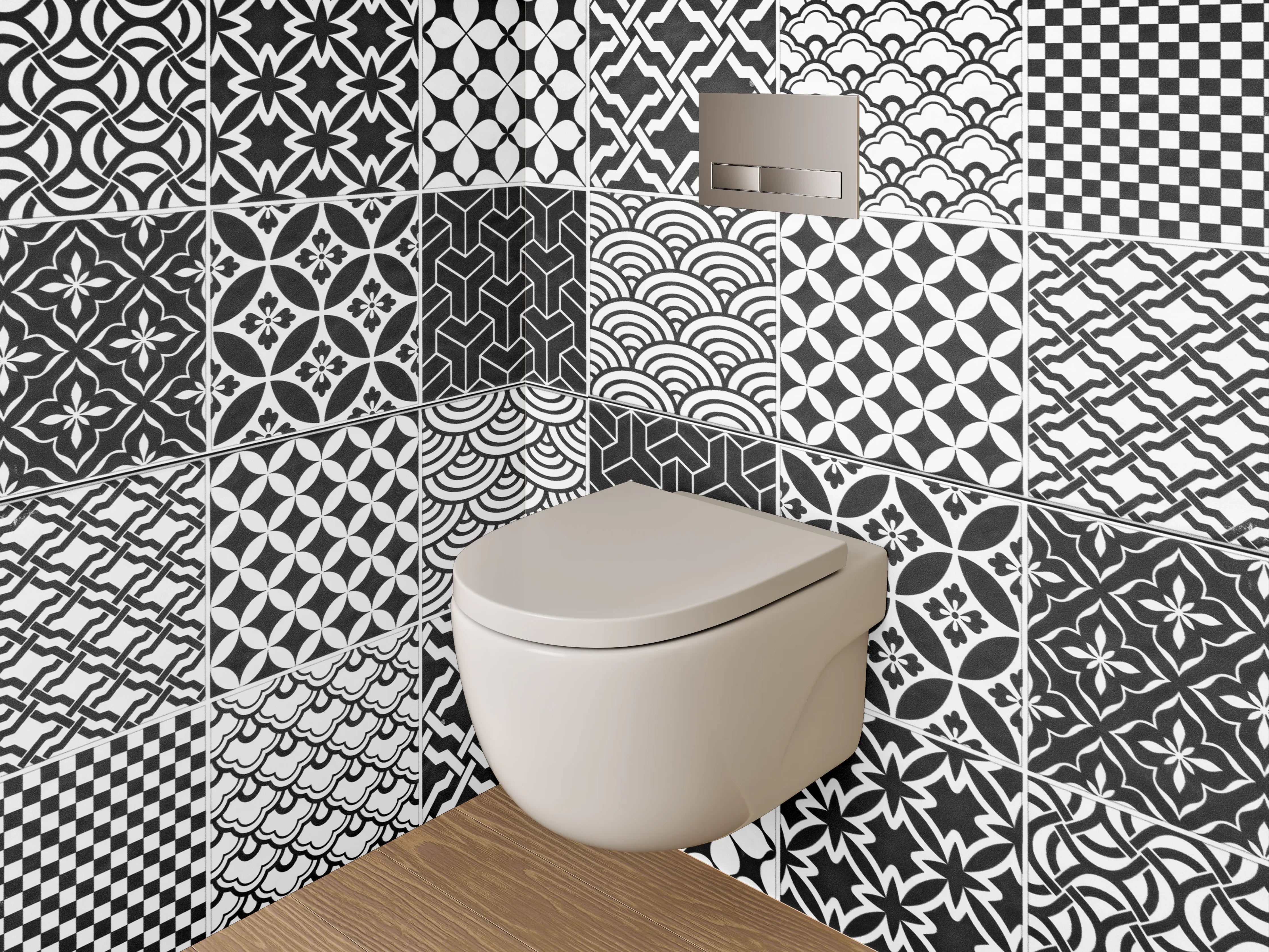 WC-Rückwand - Schwarz-weiße Patchwork-Muster Fliesen
