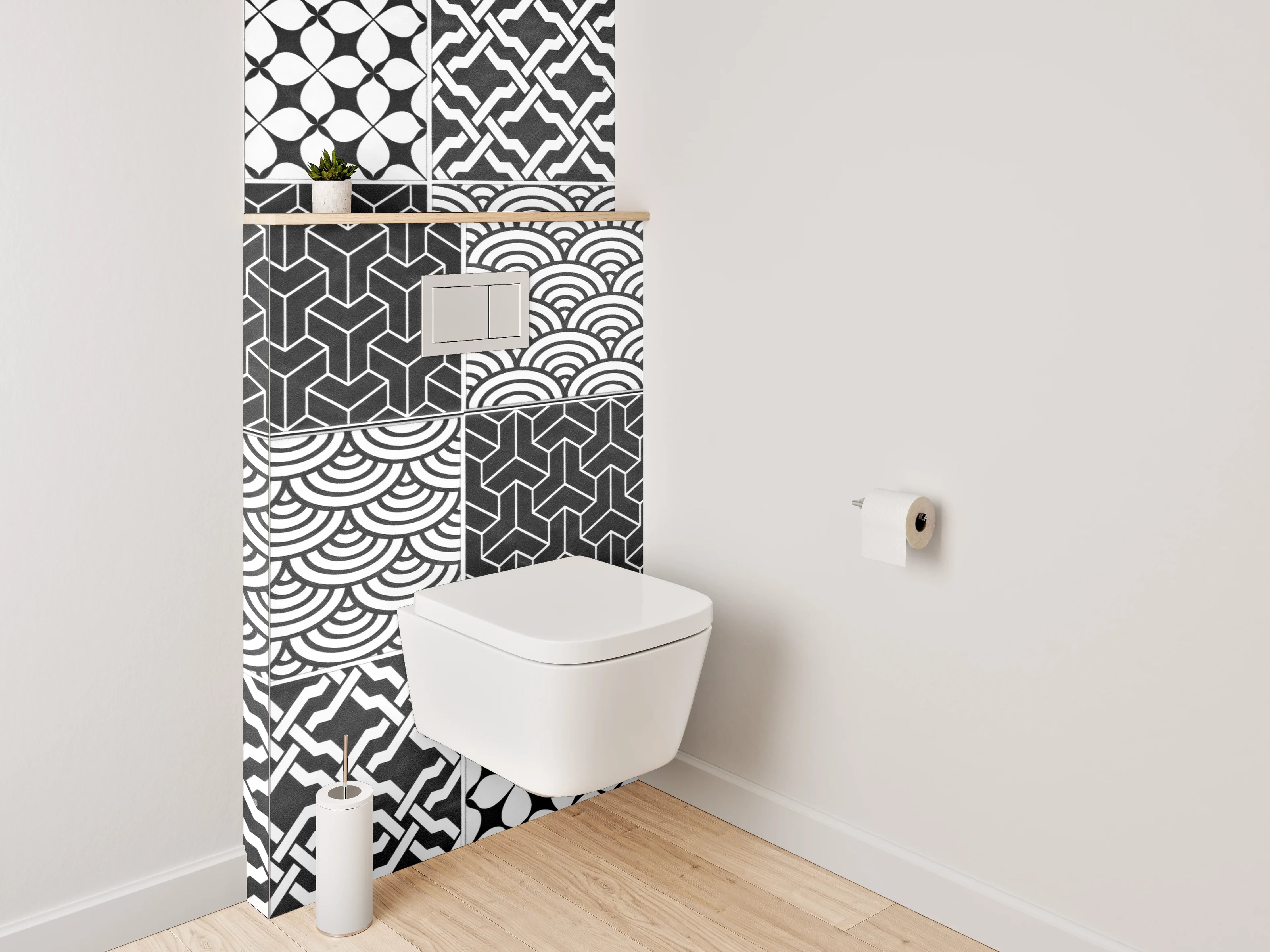 WC-Rückwand - Schwarz-weiße Patchwork-Muster Fliesen