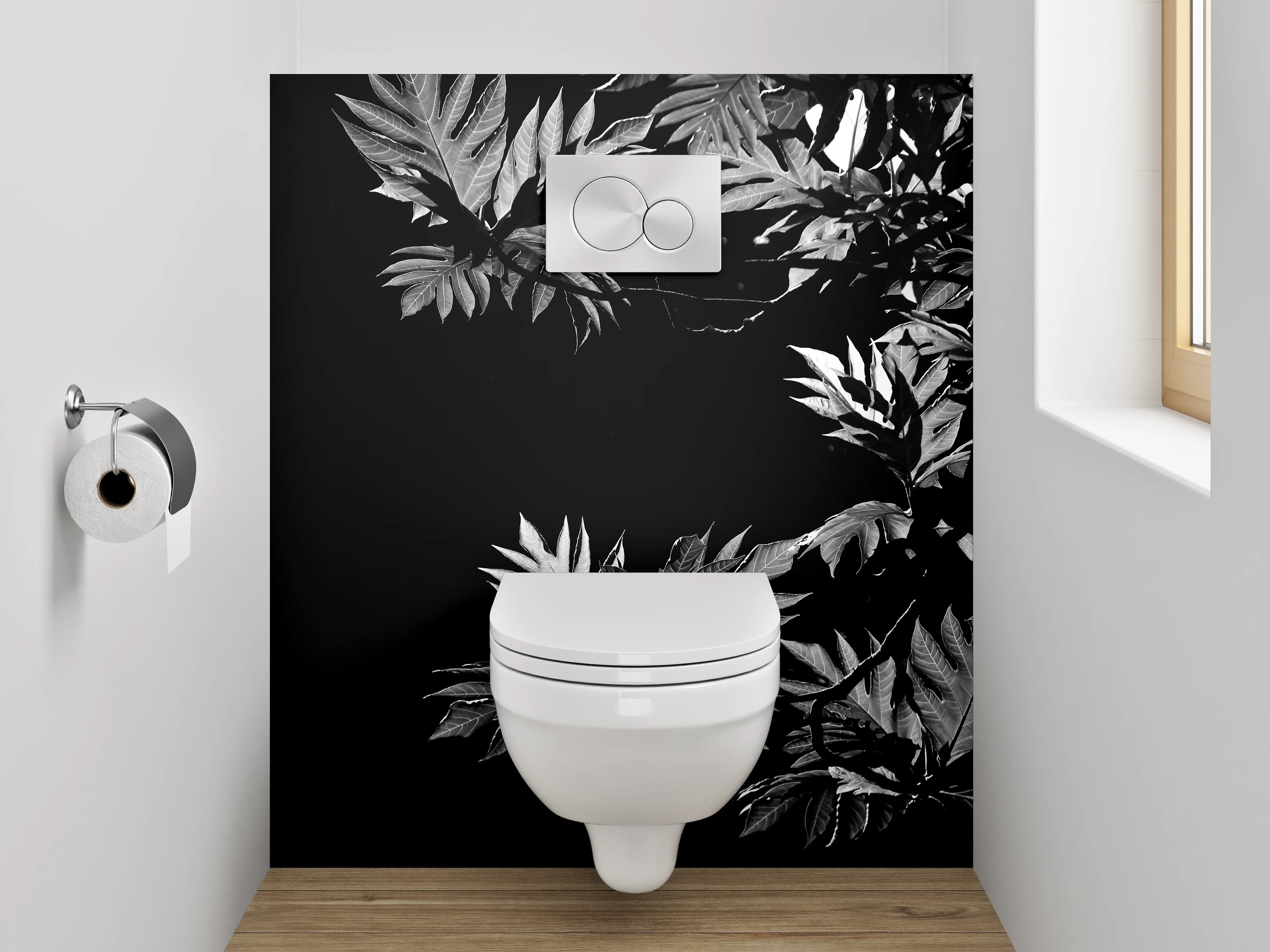 WC-Rückwand - Schwarz-weiße Pflanzenblätter Silhouette