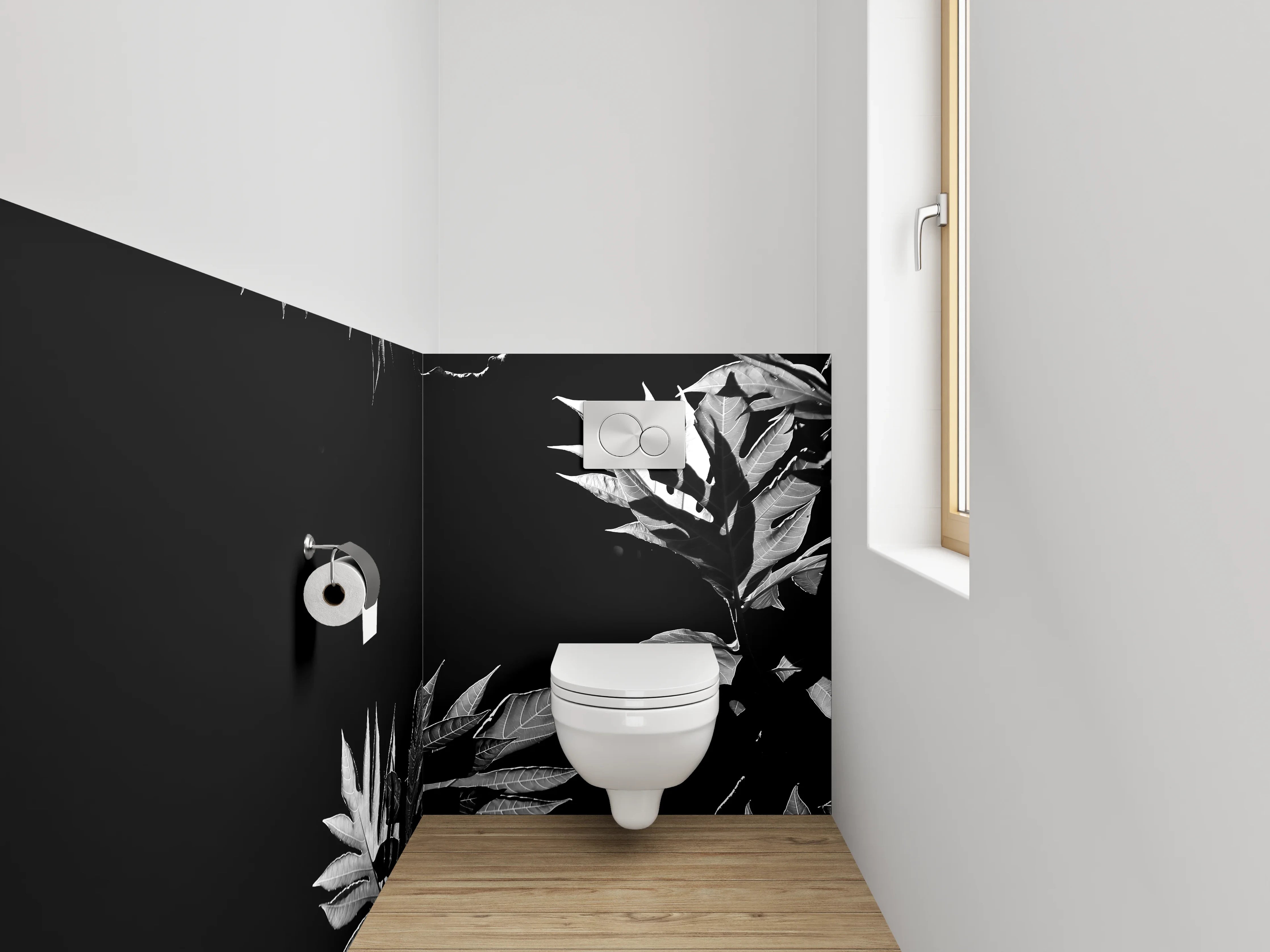 WC-Rückwand - Schwarz-weiße Pflanzenblätter Silhouette