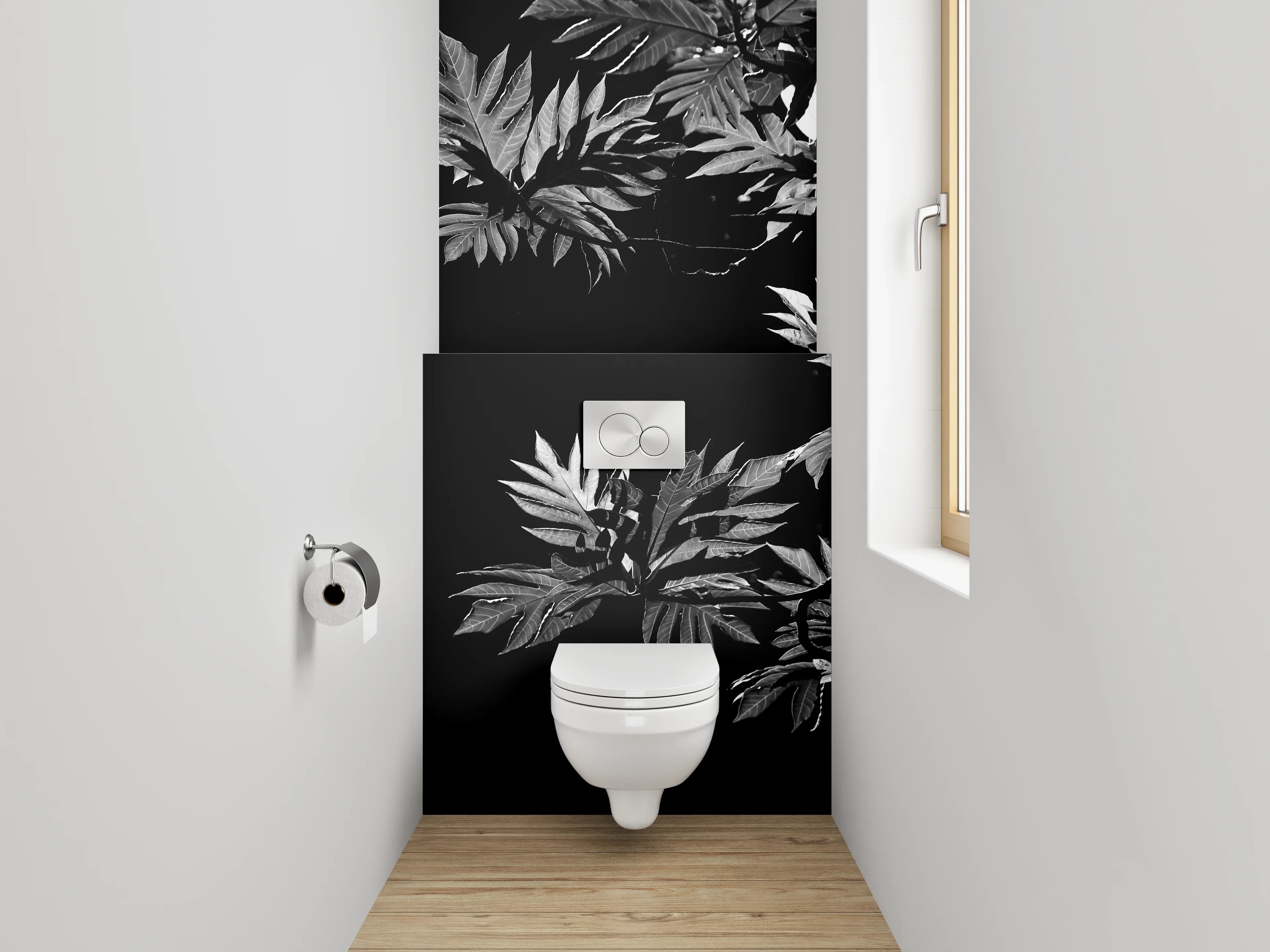 WC-Rückwand - Schwarz-weiße Pflanzenblätter Silhouette