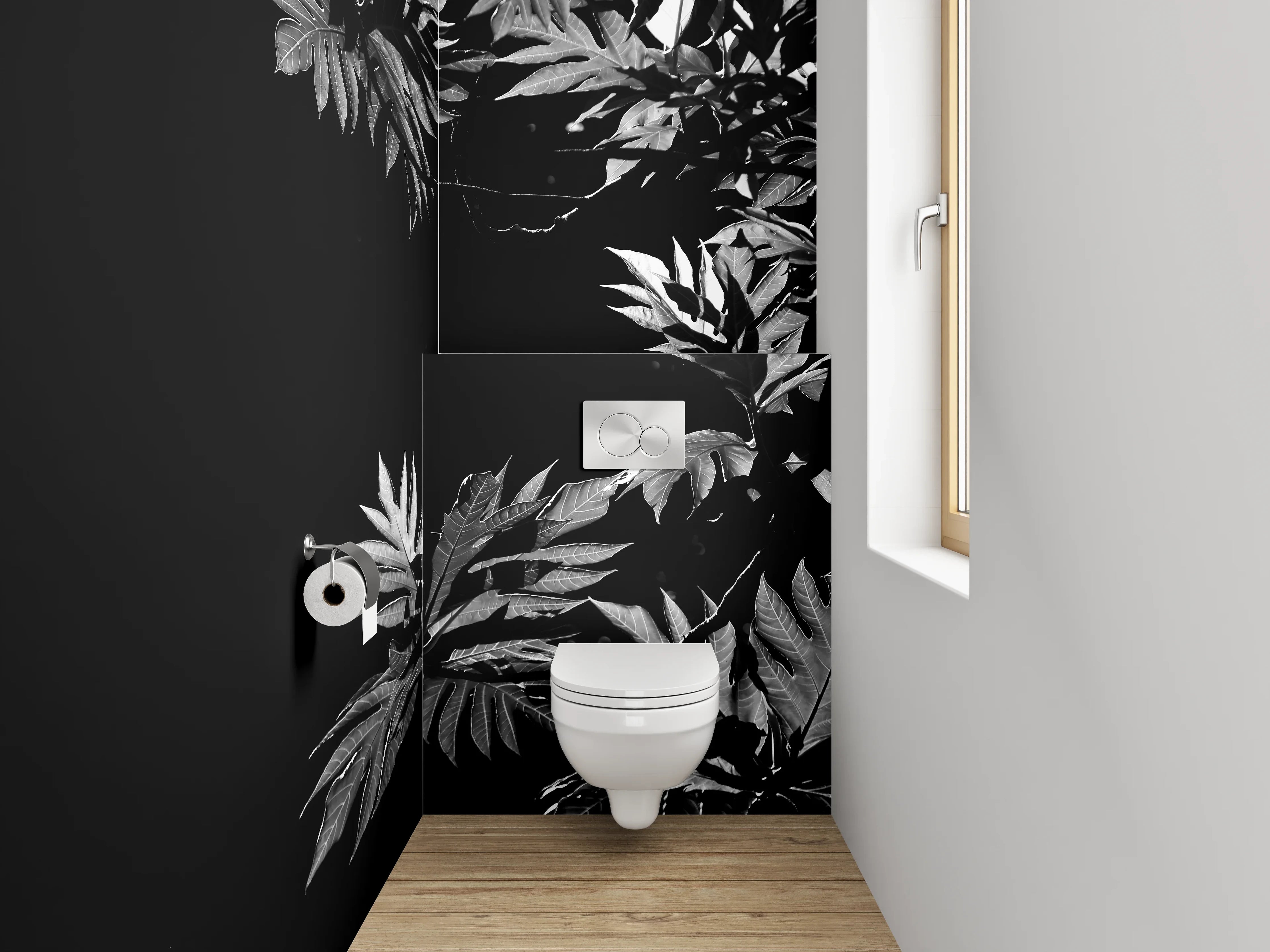 WC-Rückwand - Schwarz-weiße Pflanzenblätter Silhouette