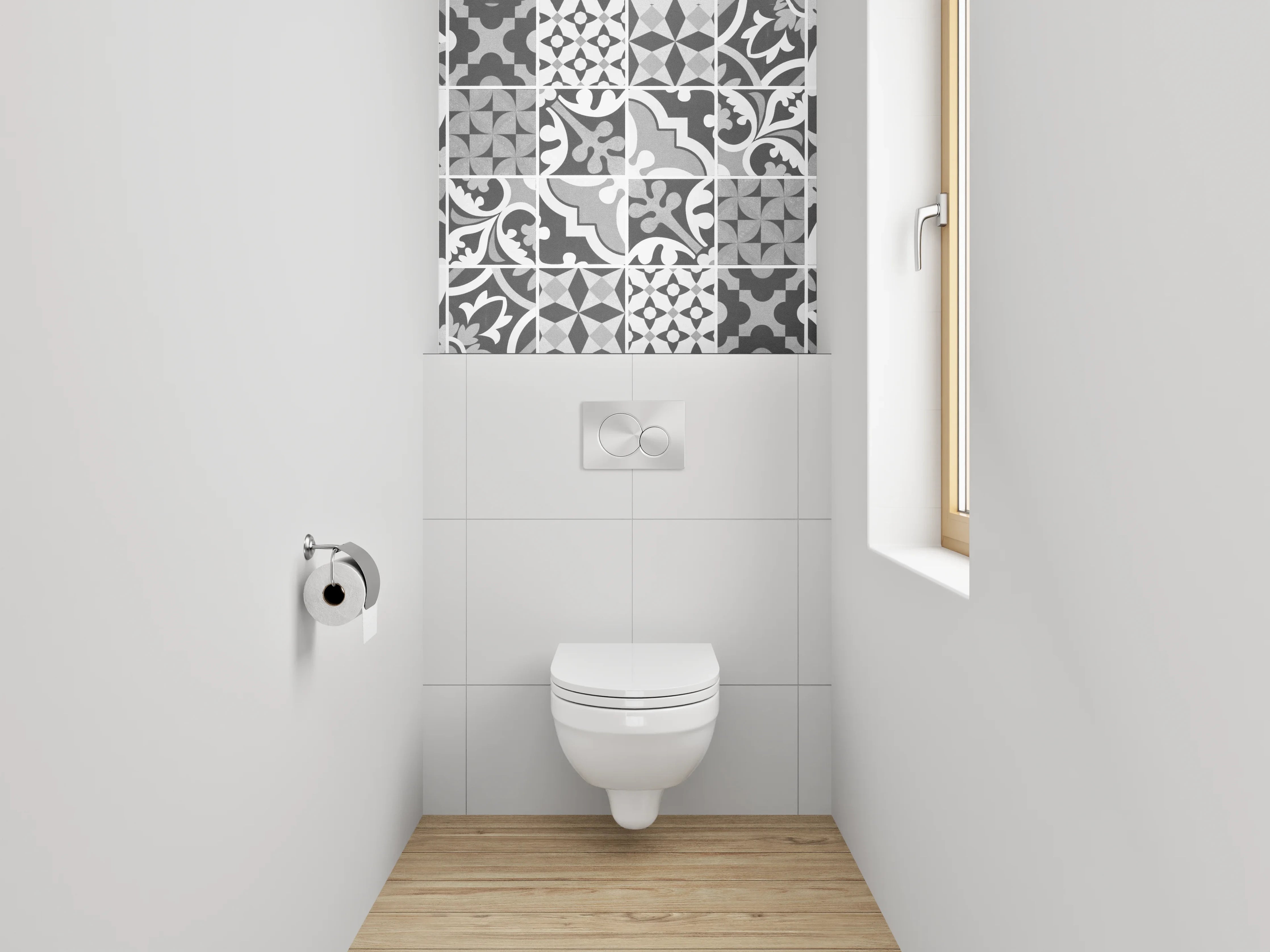 WC-Rückwand - Schwarz-weiße Vintage-Fliesen Musterstreifen