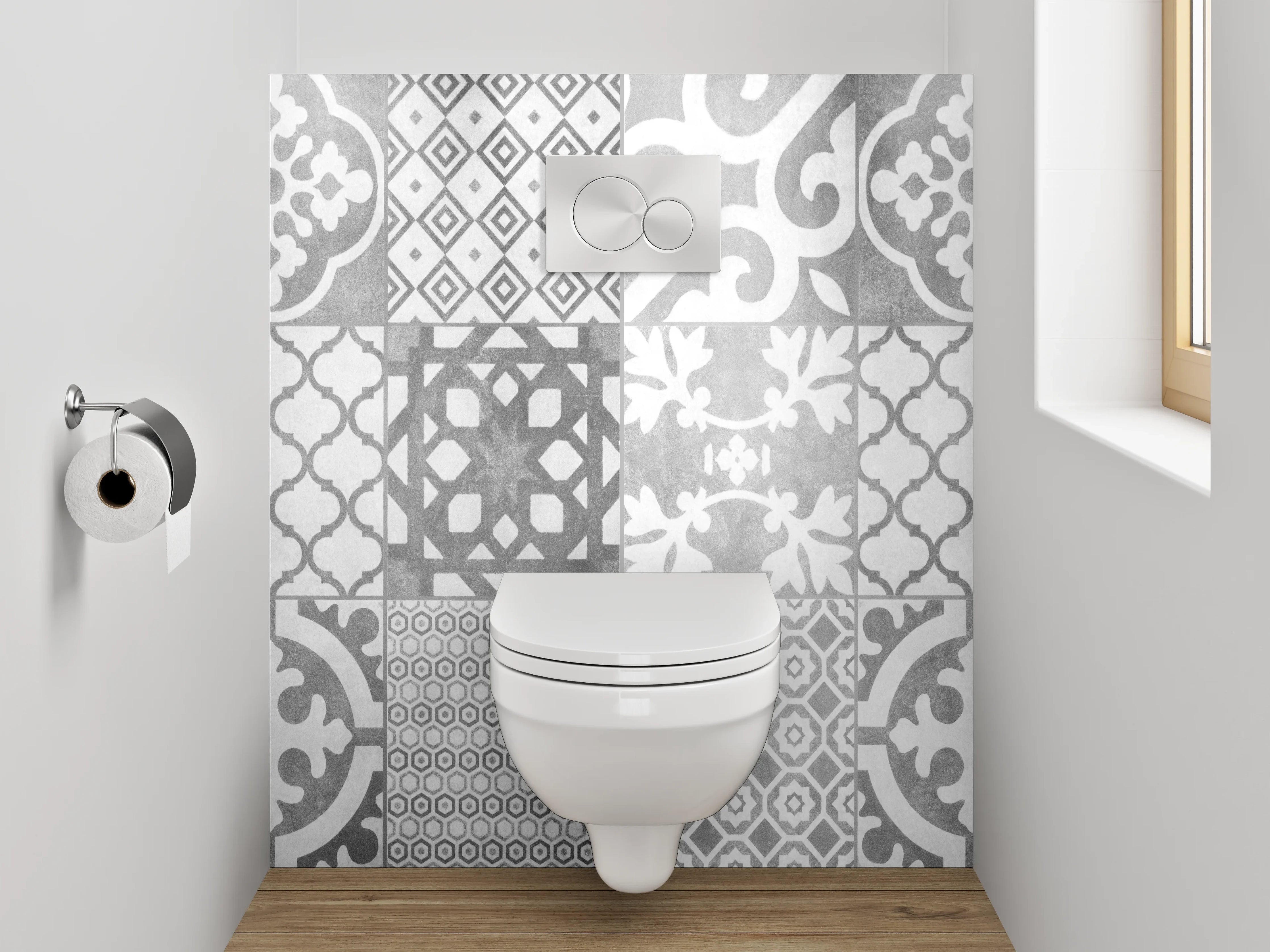 WC-Rückwand - Schwarz-weiße Vintage Musterfliesen