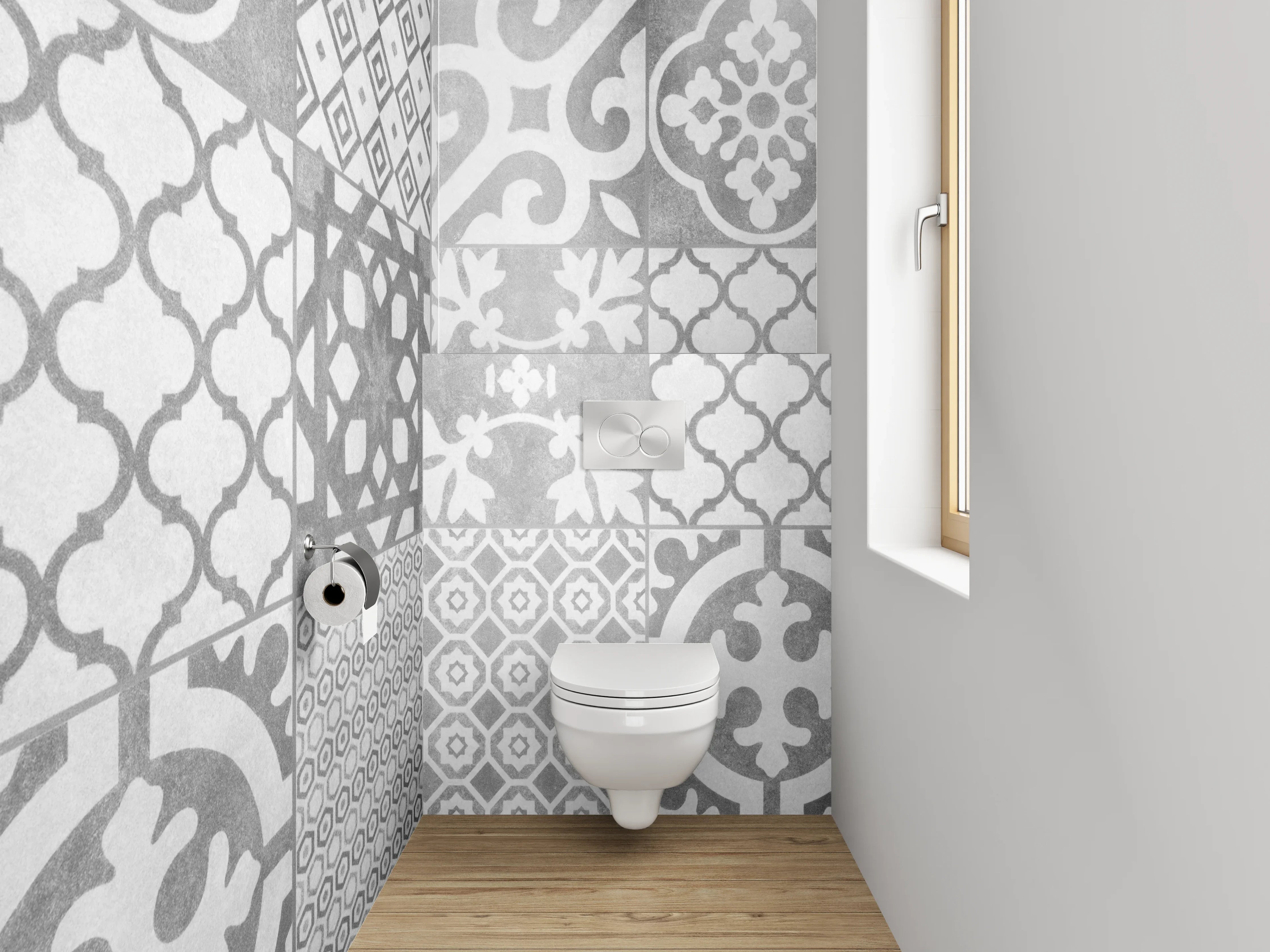 WC-Rückwand - Schwarz-weiße Vintage Musterfliesen