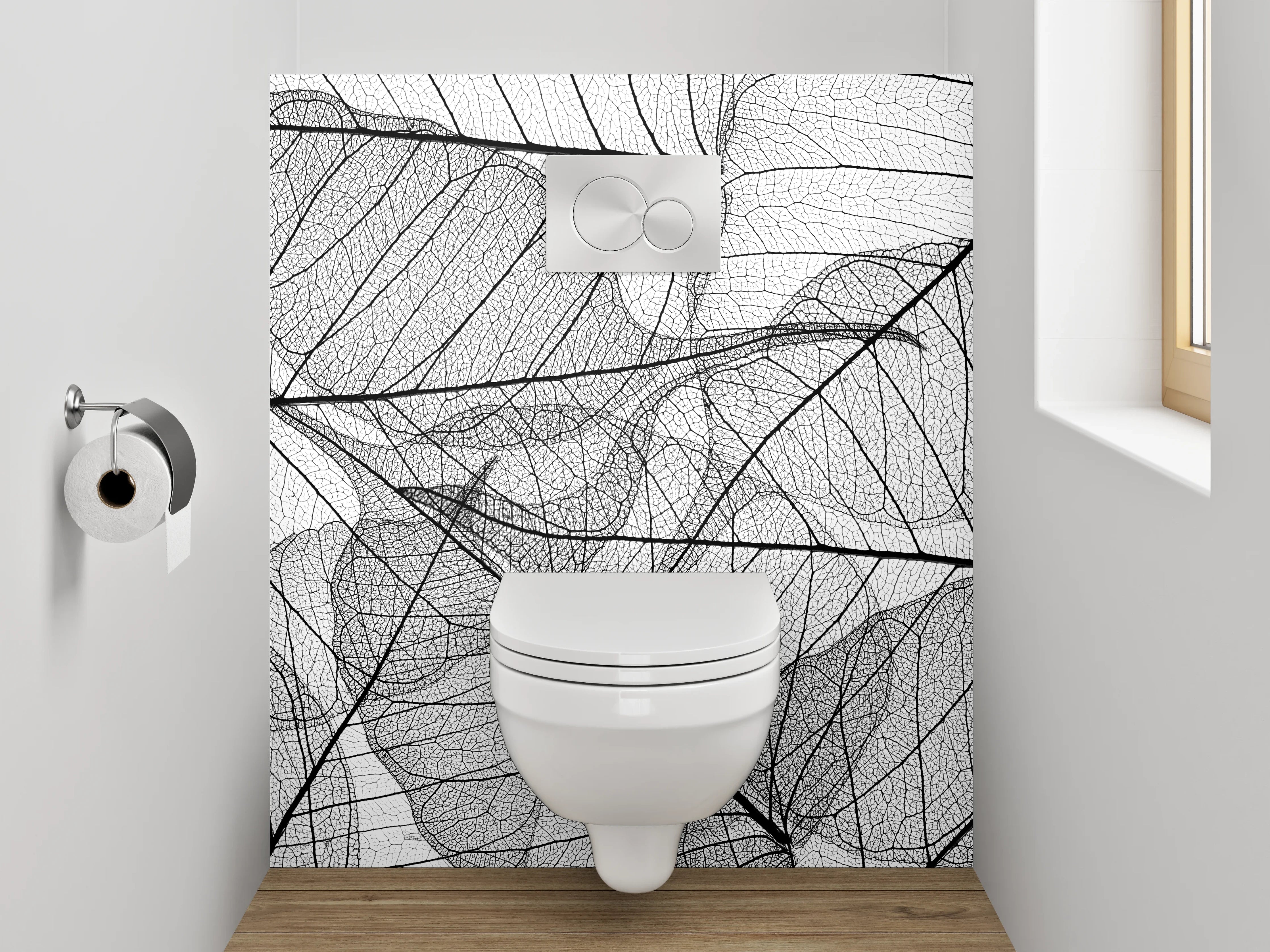 WC-Rückwand - Schwarz-weiße filigrane Blättermuster
