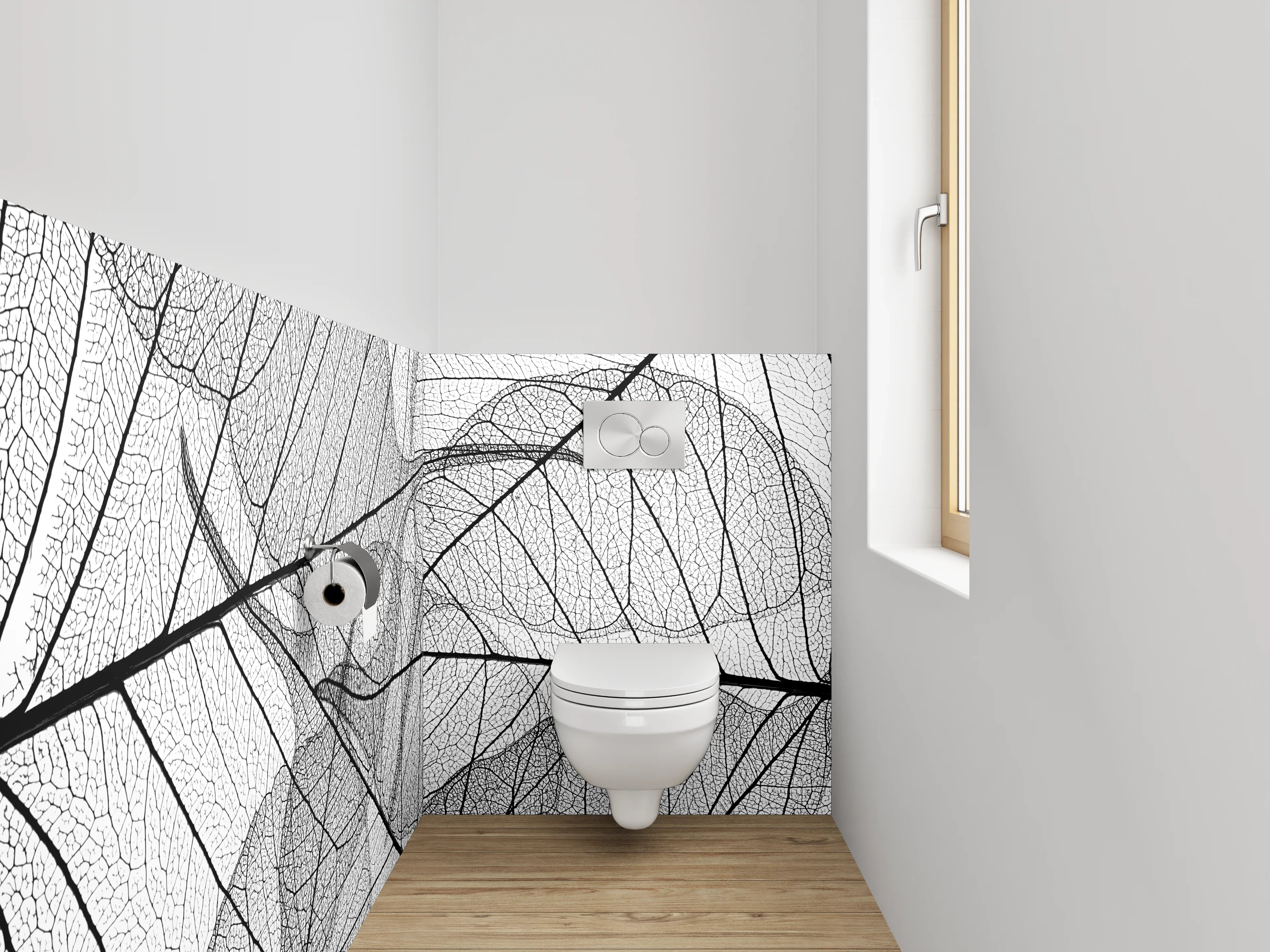 WC-Rückwand - Schwarz-weiße filigrane Blättermuster