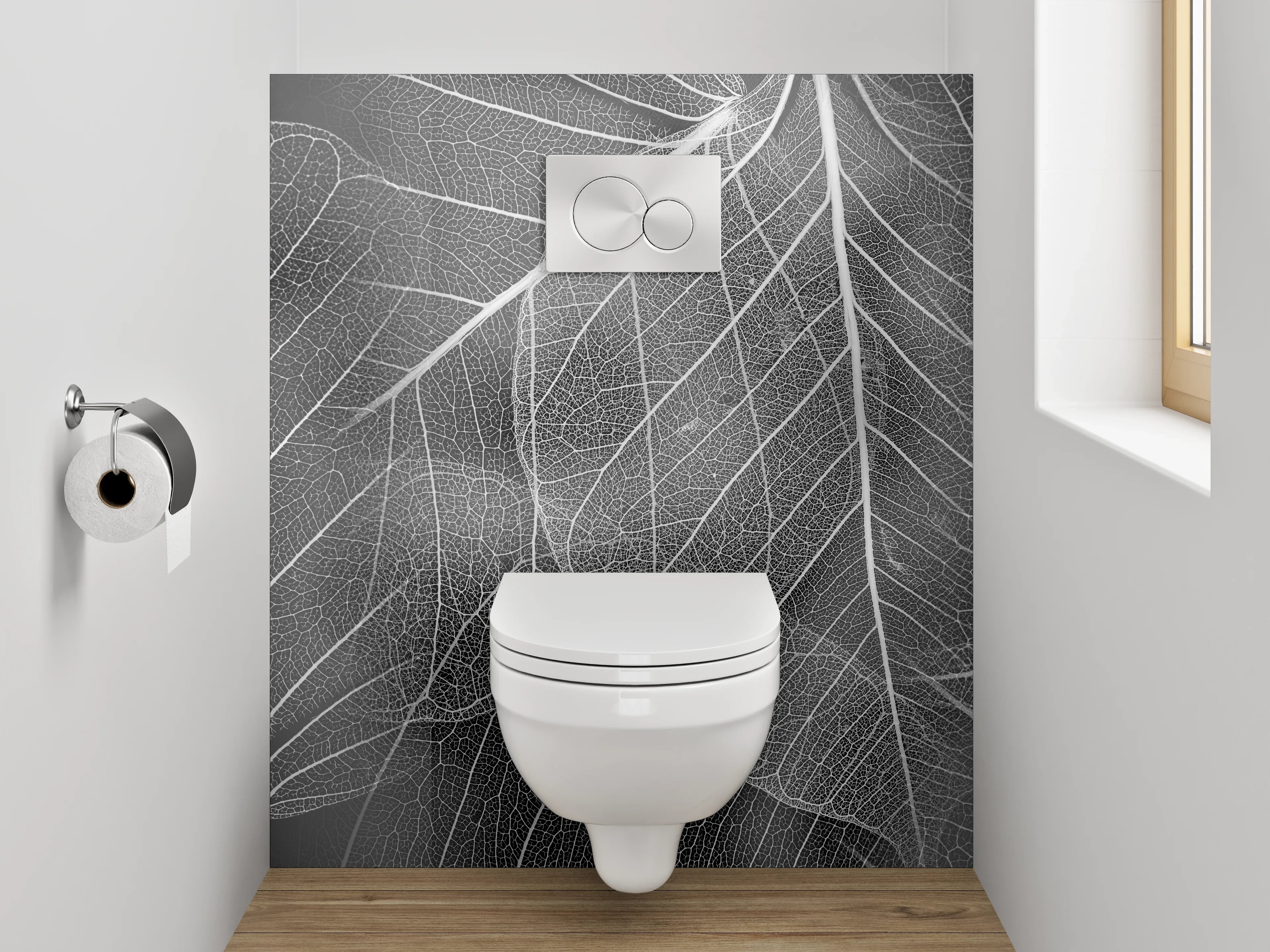 WC-Rückwand - Schwarz-weiße filigrane Blattadern