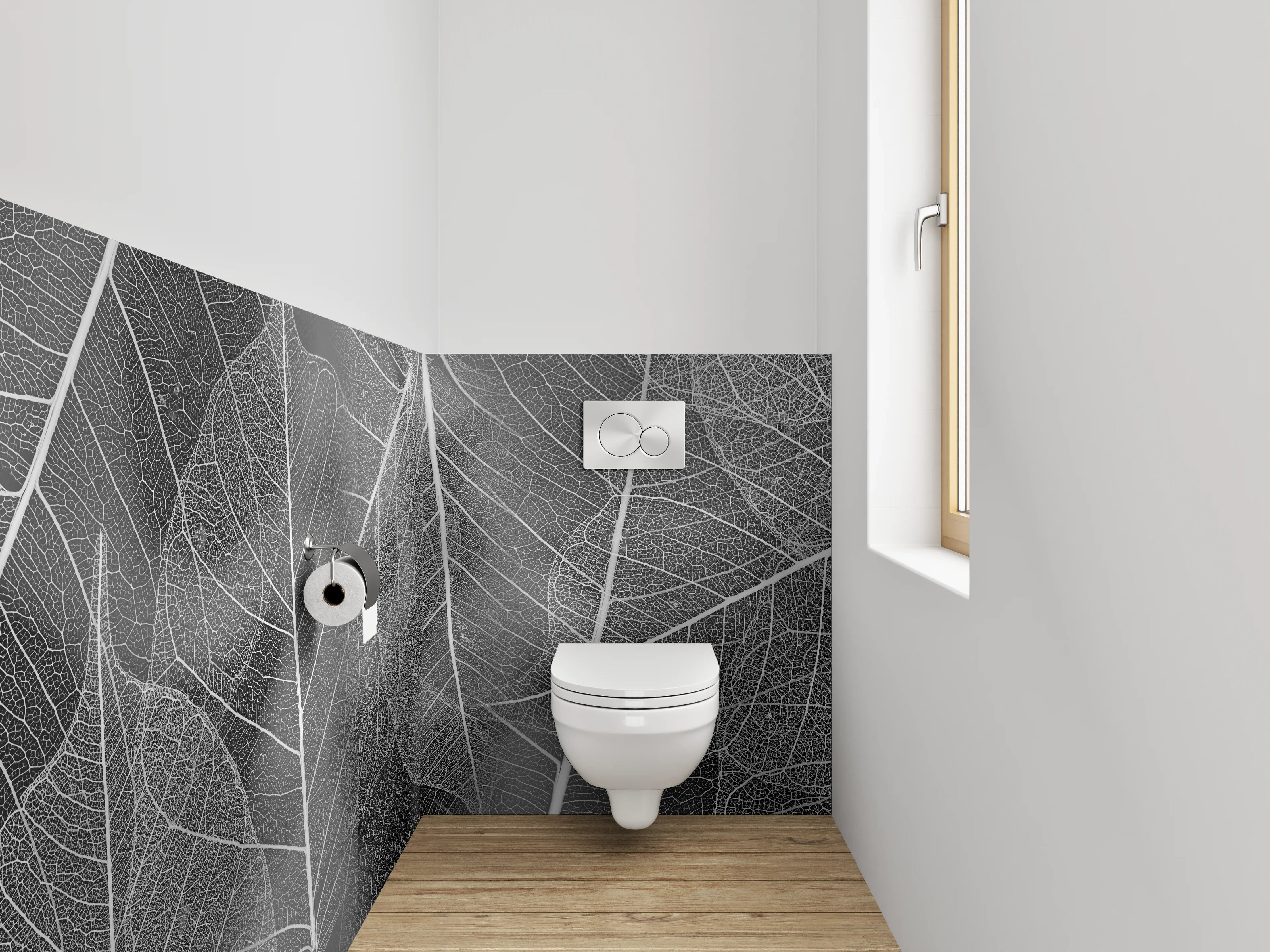 WC-Rückwand - Schwarz-weiße filigrane Blattadern